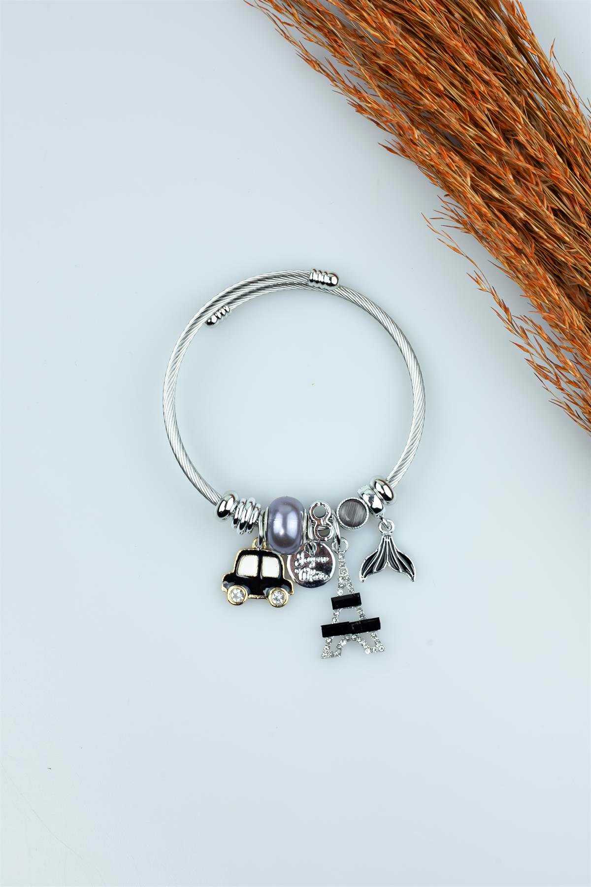 Kararmaz Çelik Pandora Model Bileklik Siyah Araba Kule Charm 5118