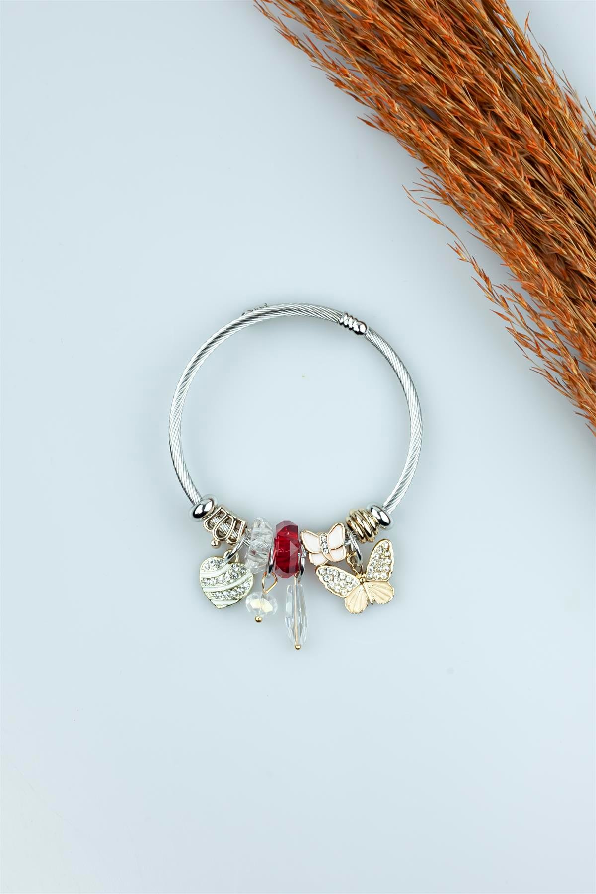 Kararmaz Çelik Pandora Model Bileklik Gold Kelebek Kalp Charm 5123