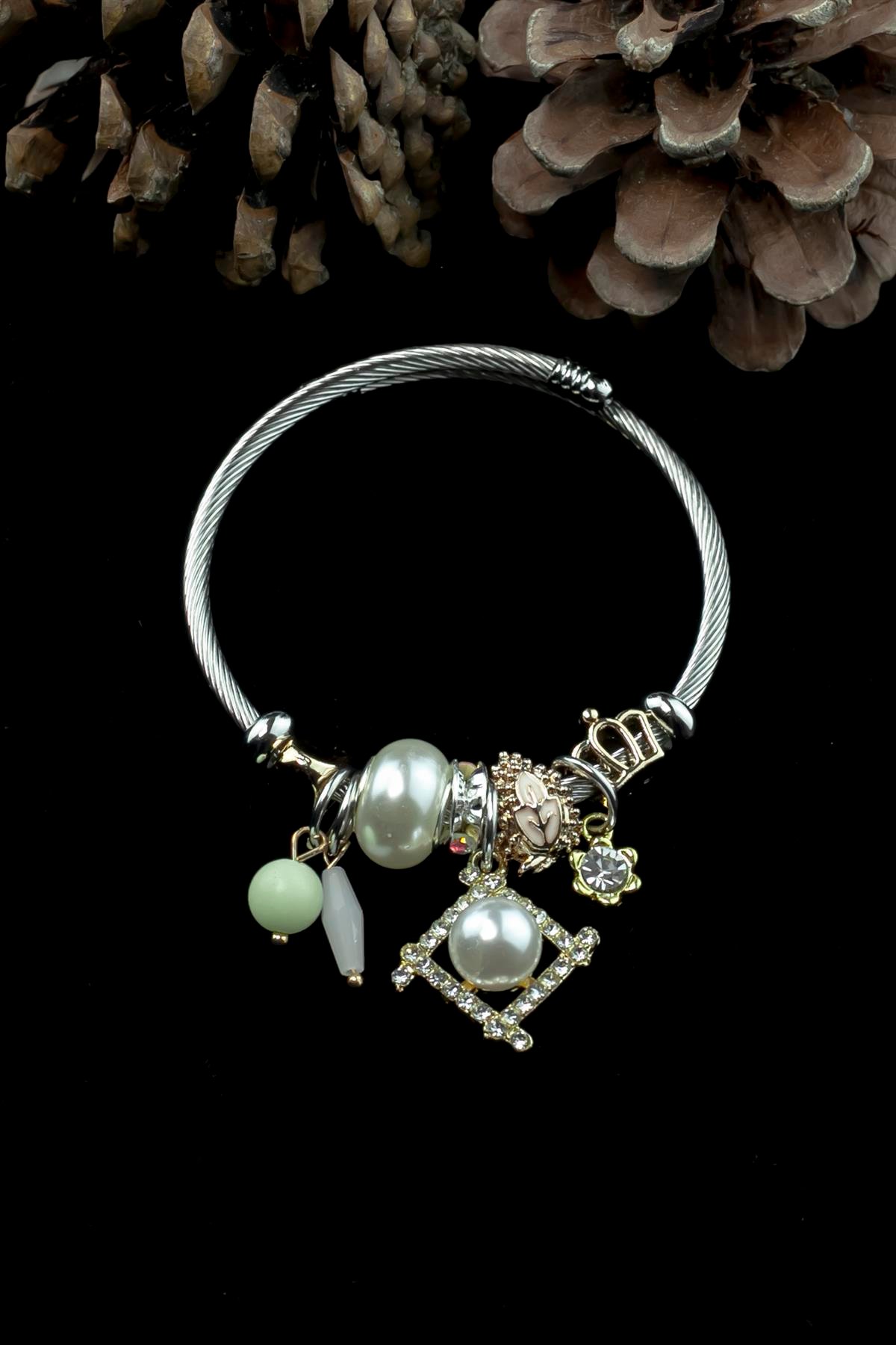 Kararmaz Çelik Pandora Model Bileklik Yaprak & İnci Charm 5226