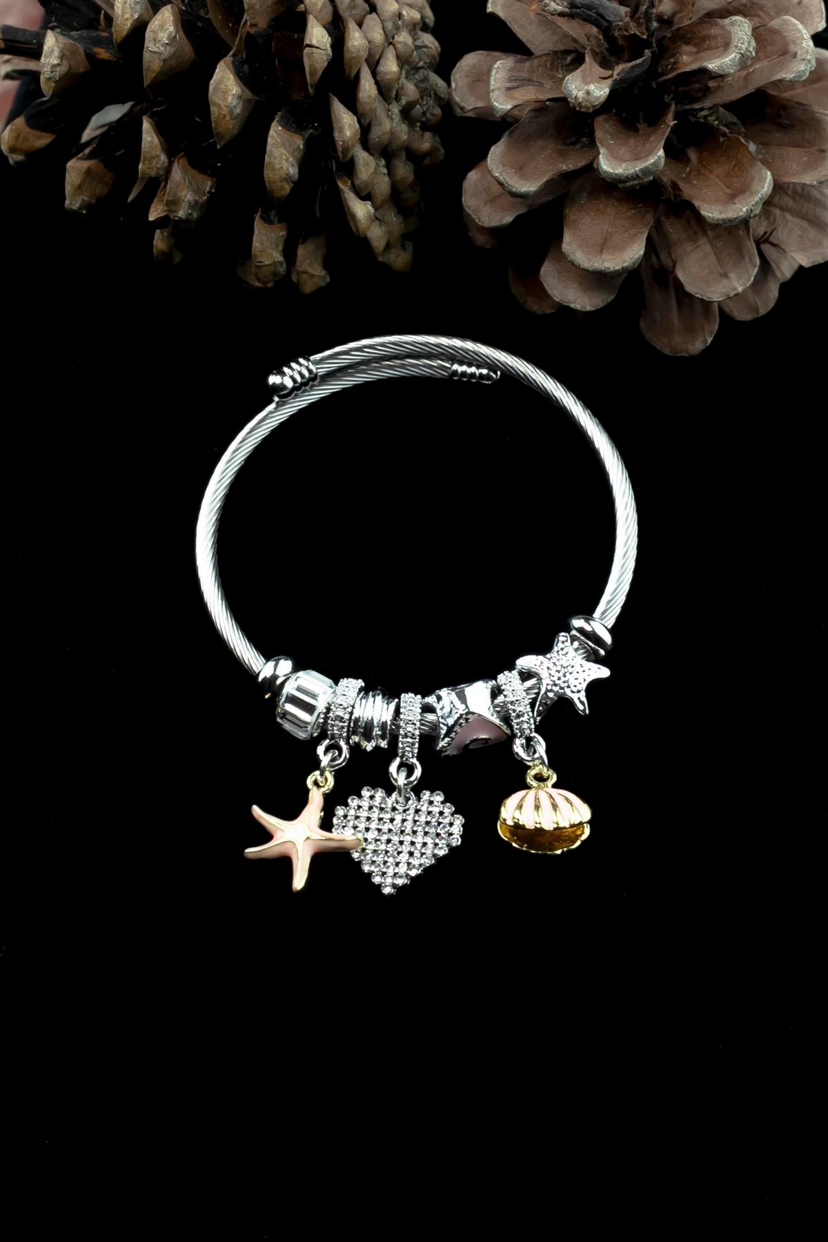 Kararmaz Çelik Pandora Model Bileklik Taşlı Kalp & Yıldız & İstiridye Charm 5219
