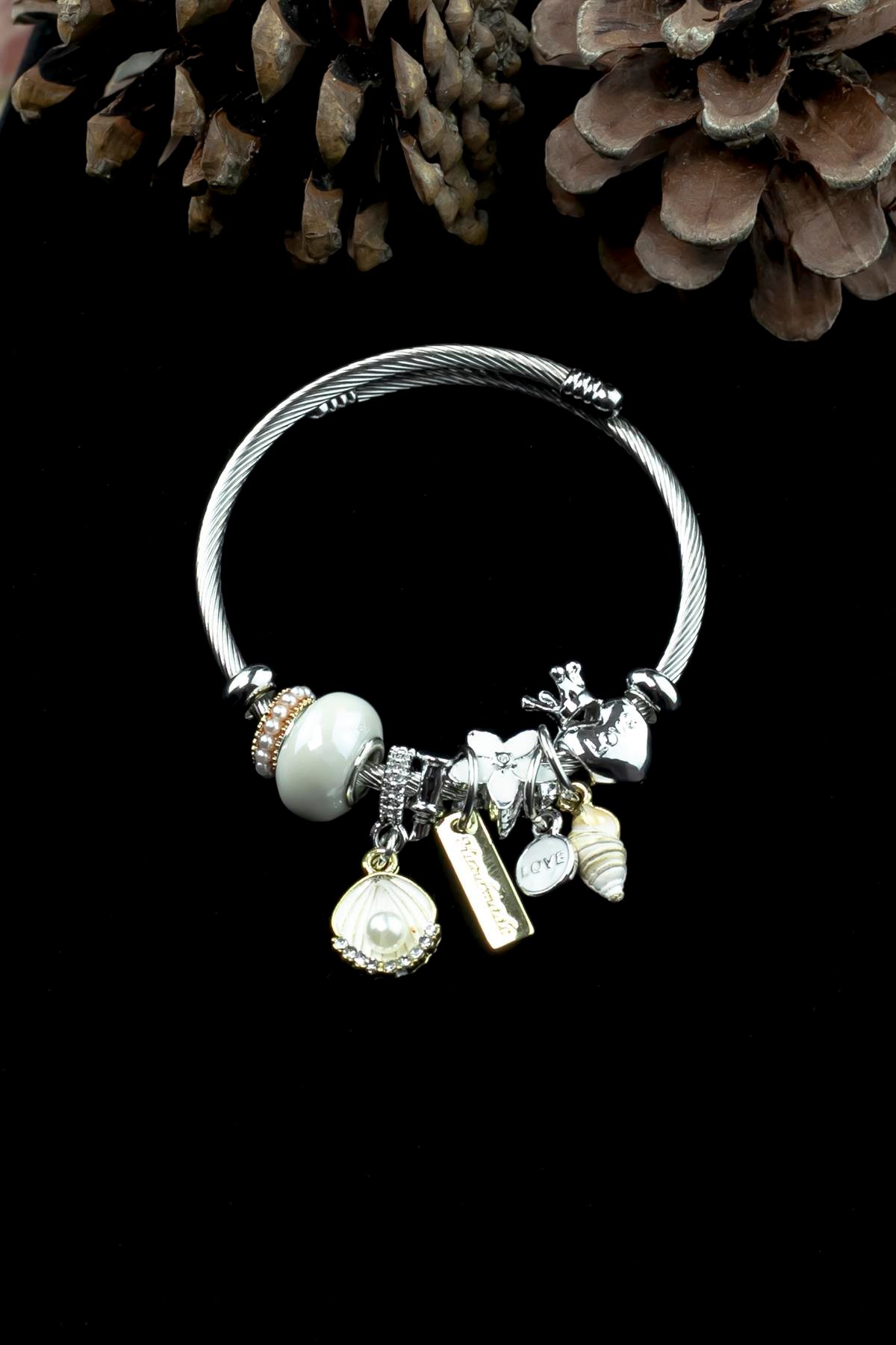 Kararmaz Çelik Pandora Model Bileklik Deniz Kabuğu & İstiridye Charm 5220