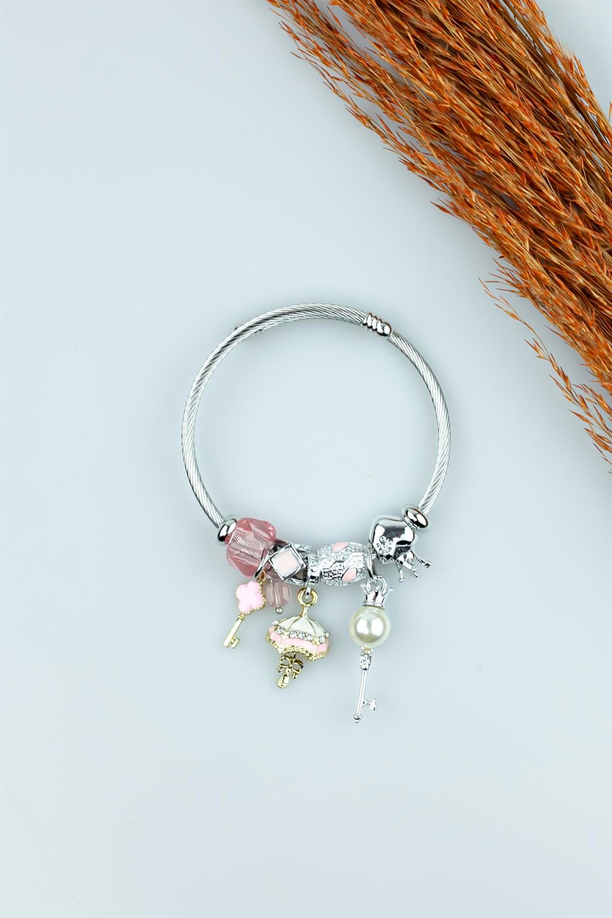 Kararmaz Çelik Pandora Model Bileklik Pembe Şemsiye Anahtar Charm 5126