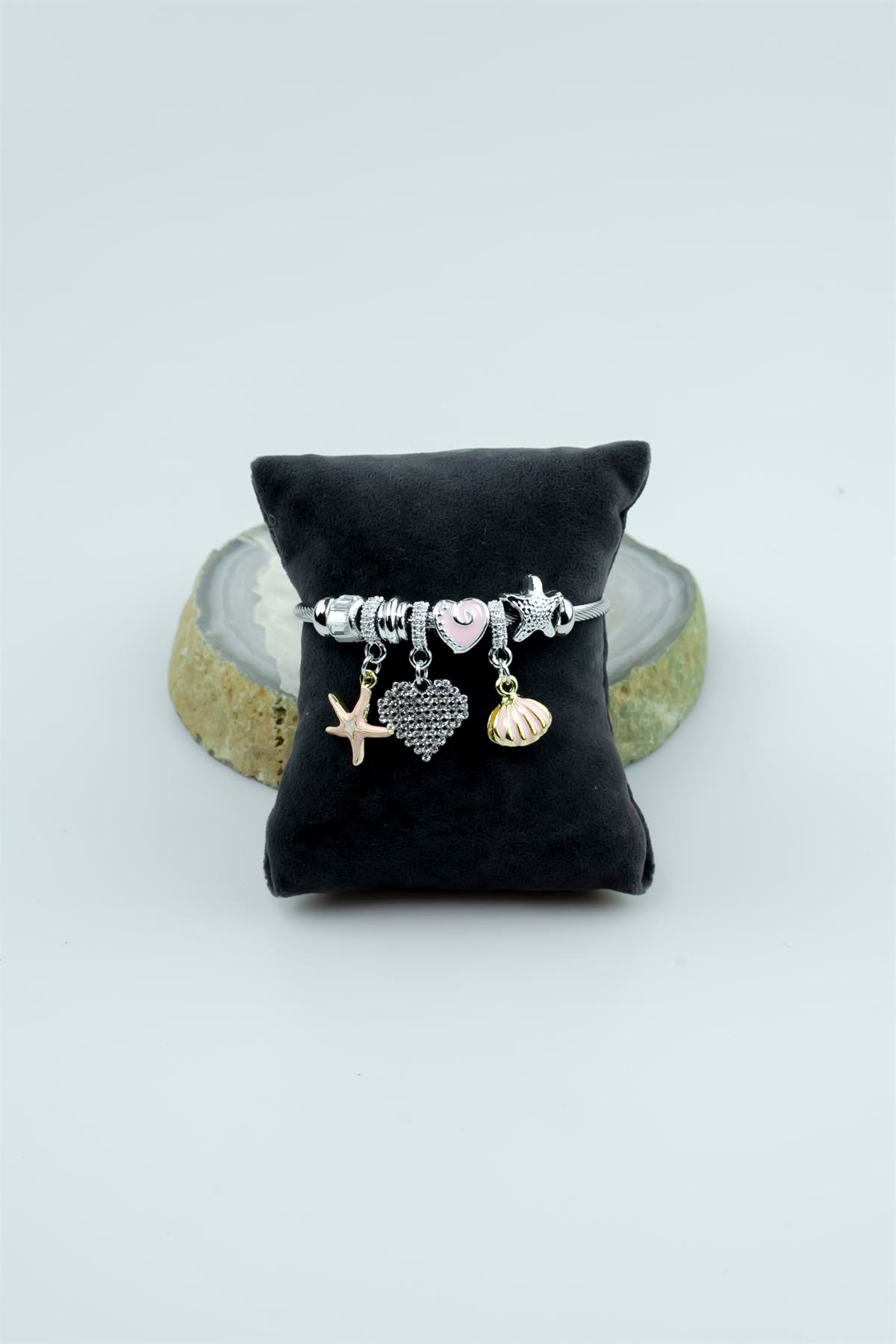 Kararmaz Çelik Pandora Model Bileklik Taşlı Kalp & Yıldız & İstiridye Charm 5219