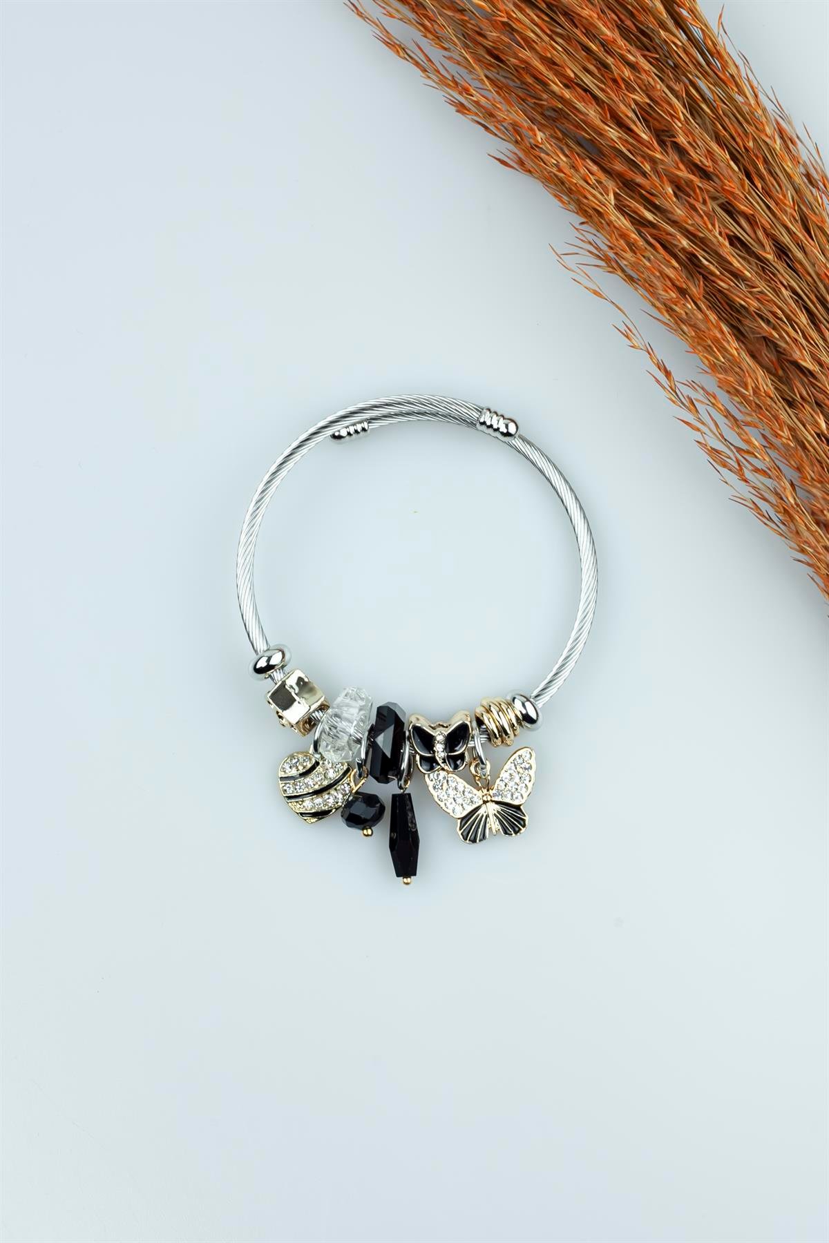 Kararmaz Çelik Pandora Model Bileklik Siyah Kelebek Kalp Charm 5122
