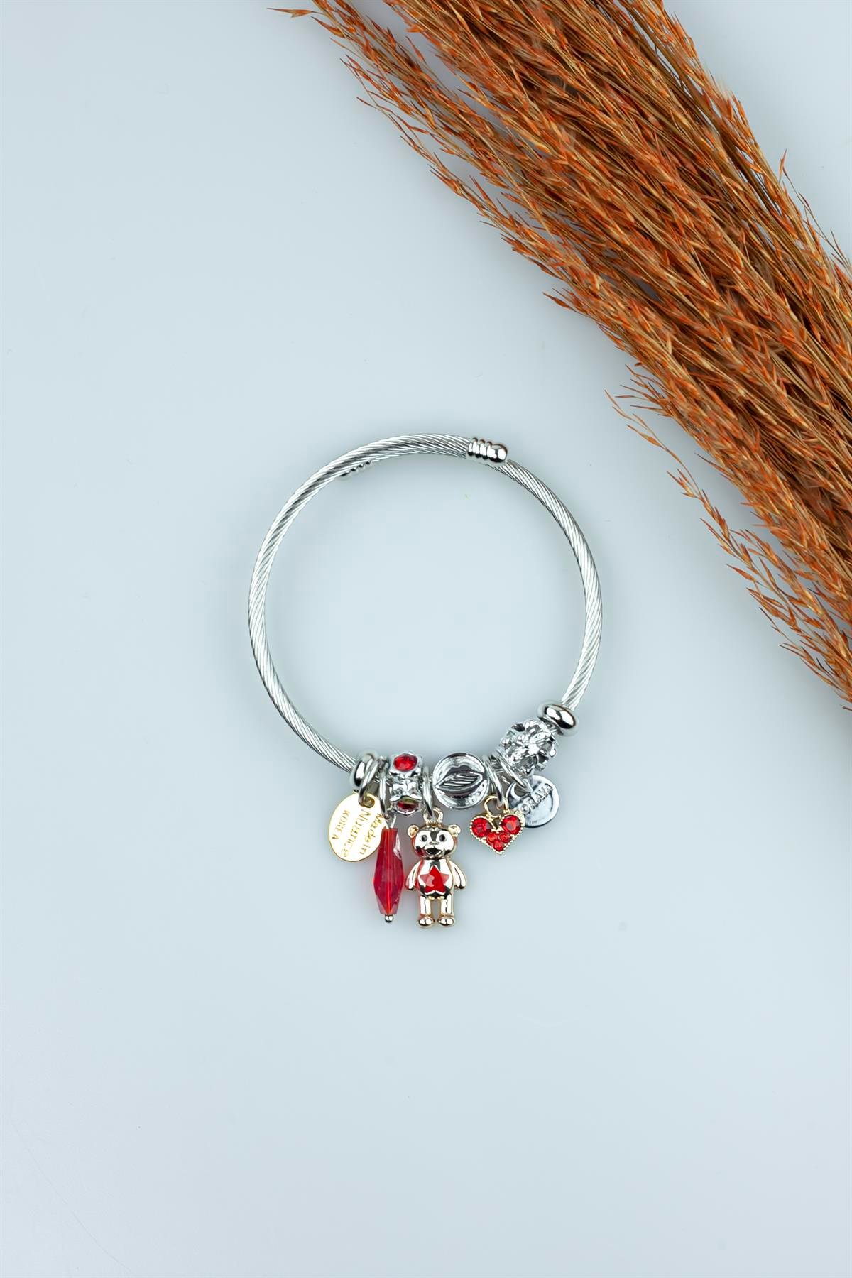 Kararmaz Çelik Pandora Model Bileklik Kırmızı Ayıcık Kalp Charm 5121