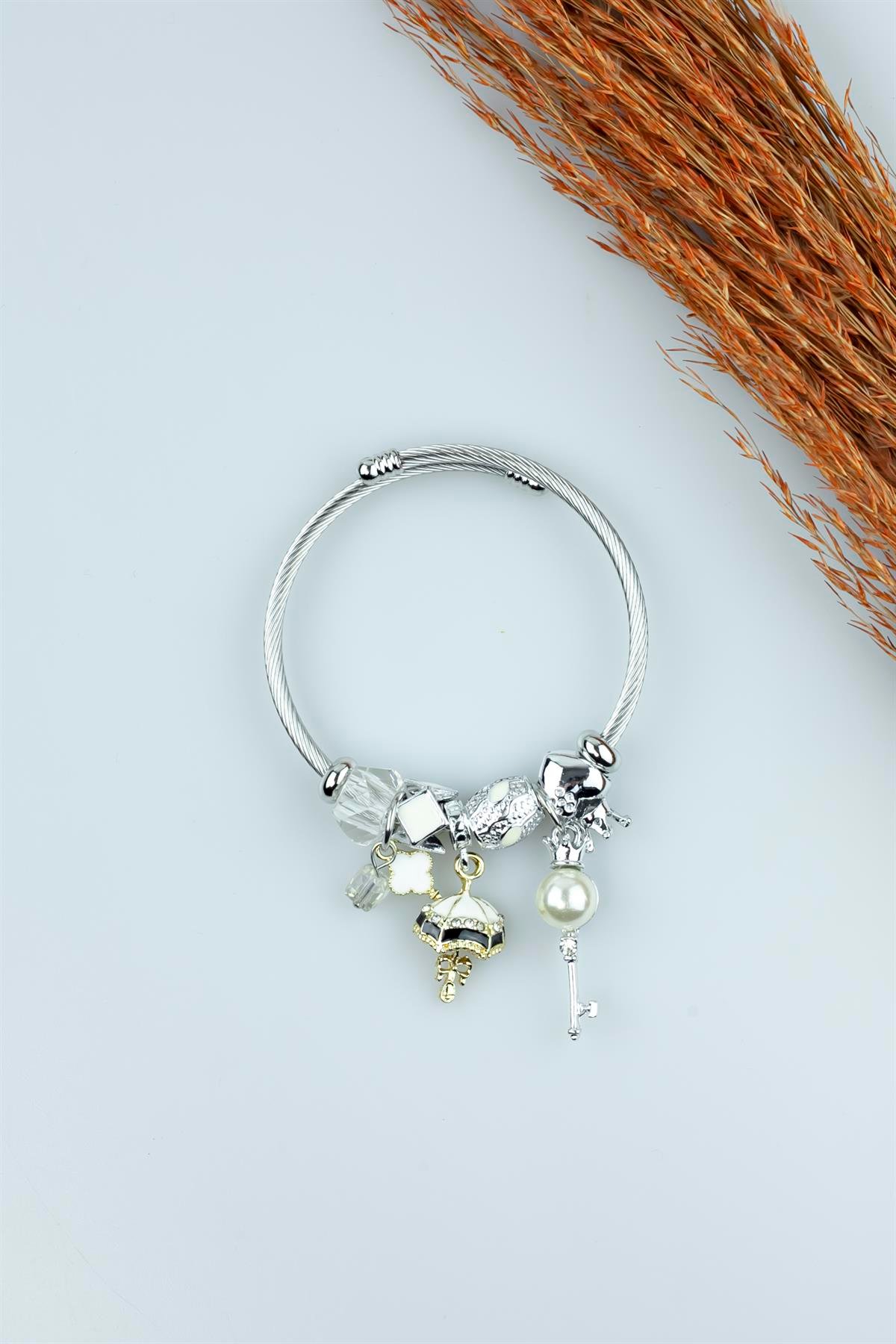Kararmaz Çelik Pandora Model Bileklik Gold Şemsiye Anahtar Charm 5124