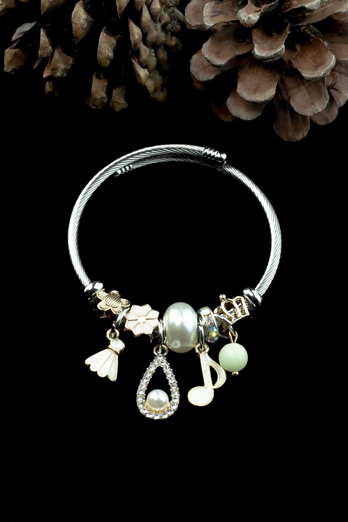 Kararmaz Çelik Pandora Model Bileklik İnci & Nota Charm 5223