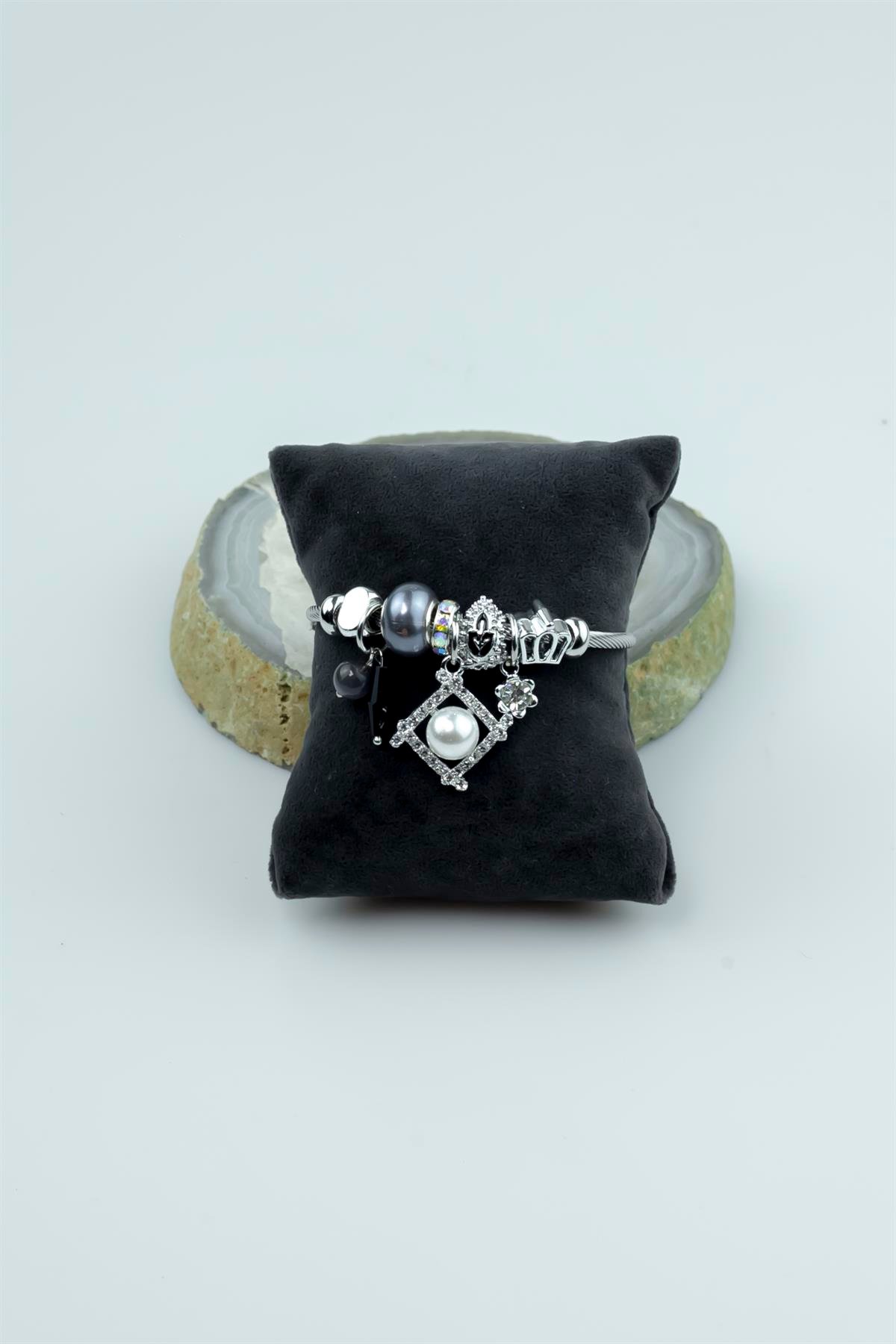 Kararmaz Çelik Pandora Model Bileklik Zirkon Çerçeve & İnci Charm 5227