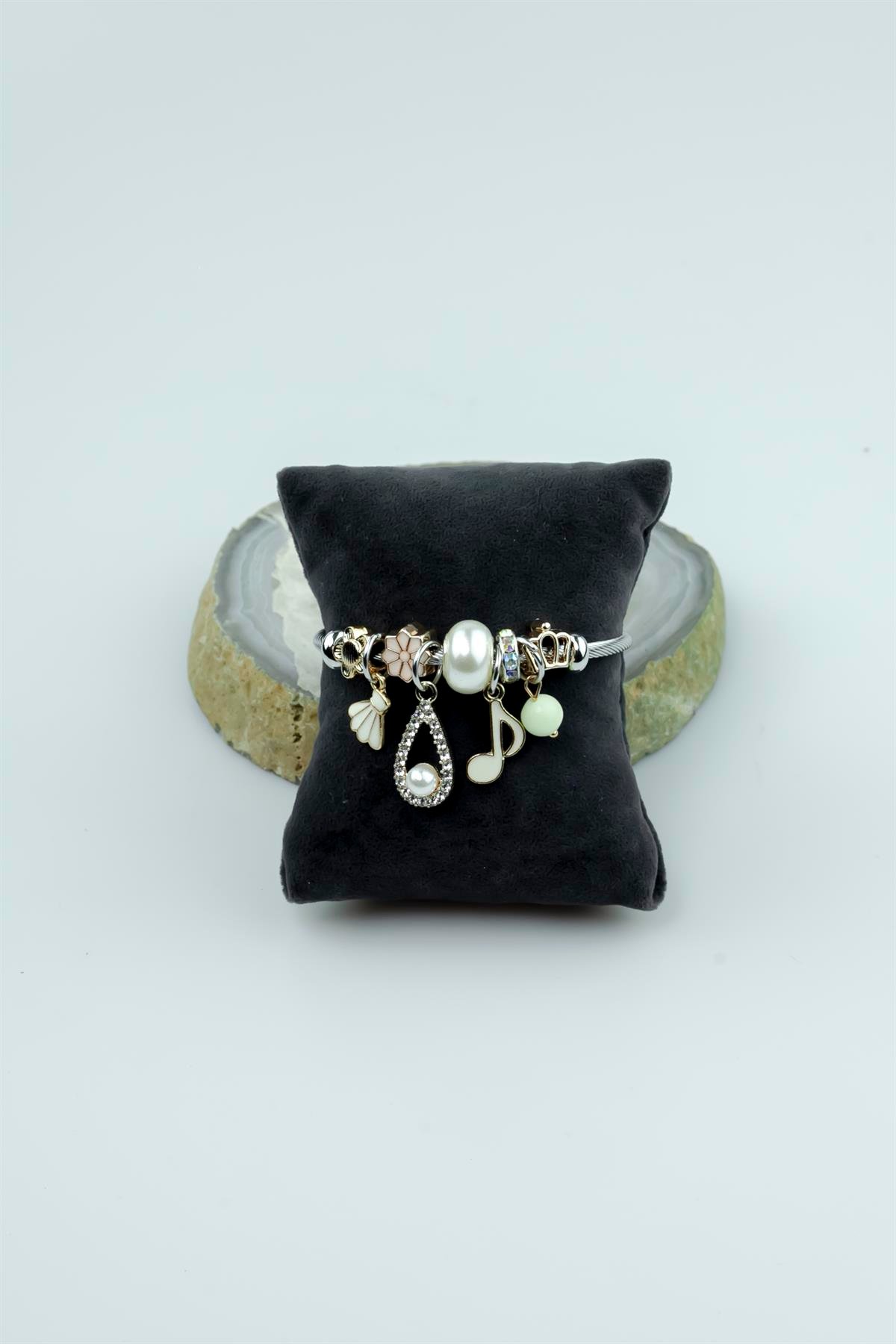 Kararmaz Çelik Pandora Model Bileklik İnci & Nota Charm 5223