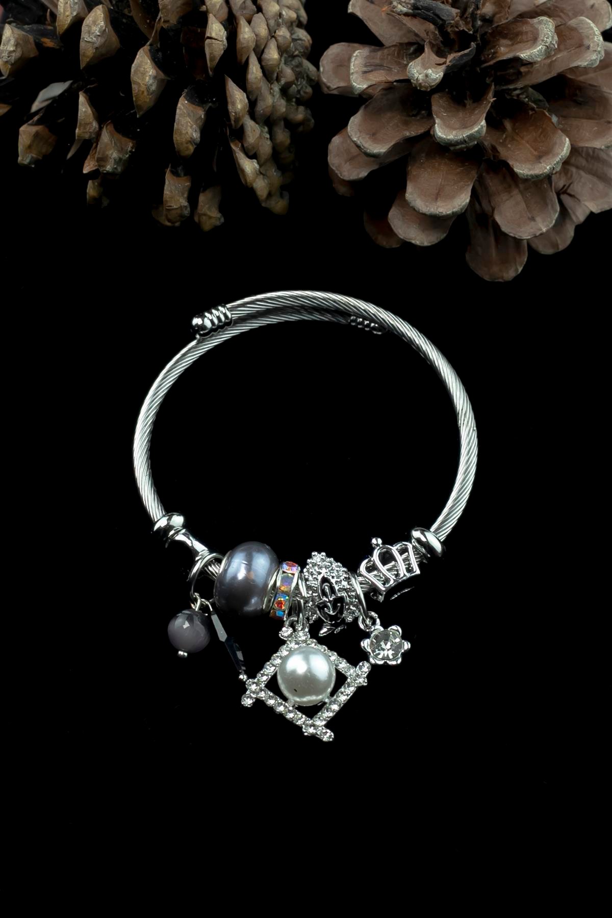 Kararmaz Çelik Pandora Model Bileklik Zirkon Çerçeve & İnci Charm 5227