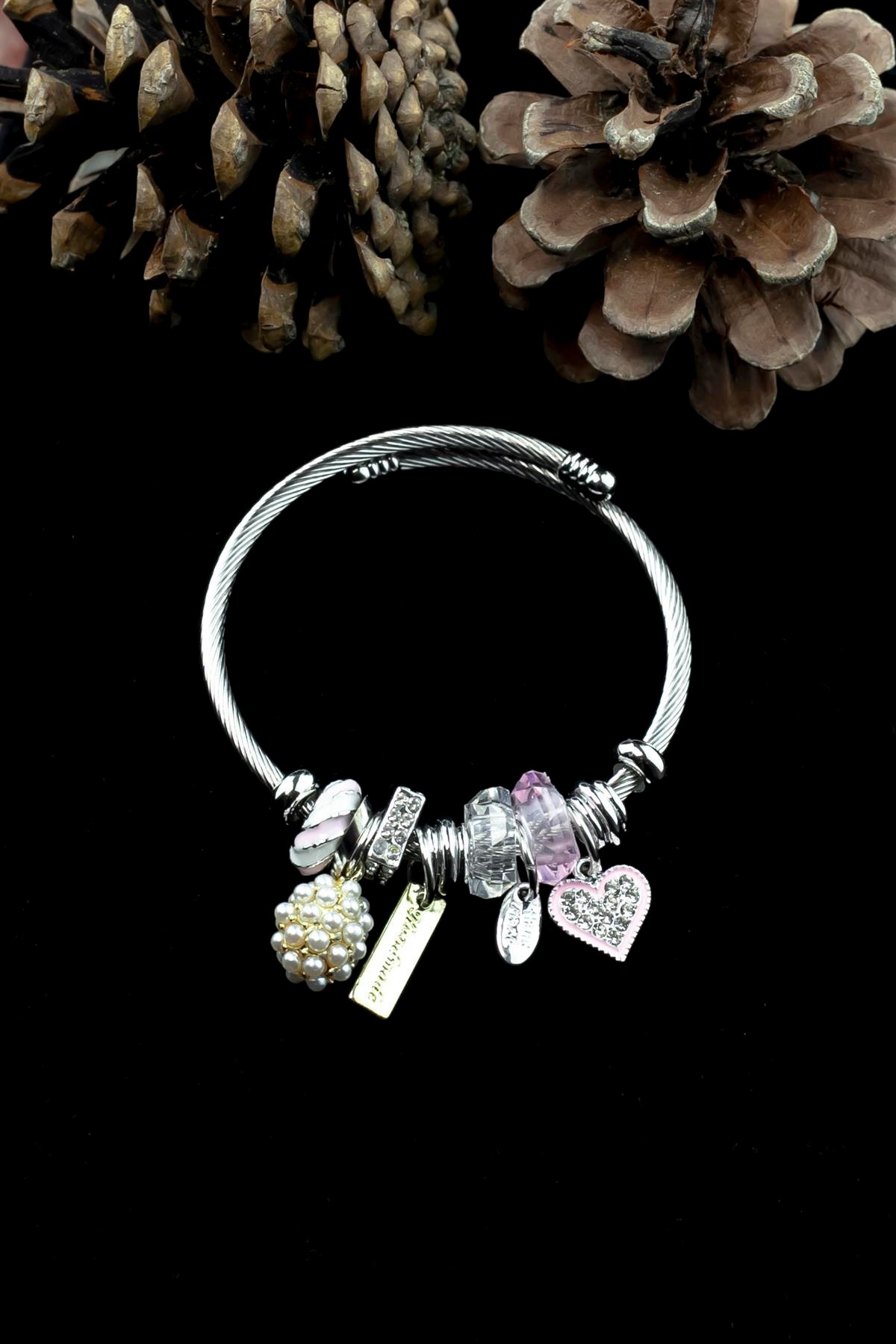 Kararmaz Çelik Pandora Model Bileklik Taşlı Kalp Charm 5218