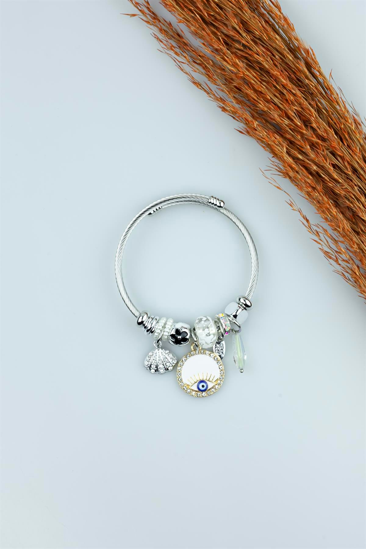 Kararmaz Çelik Pandora Model Bileklik Boncuklu Göz Charm 5125