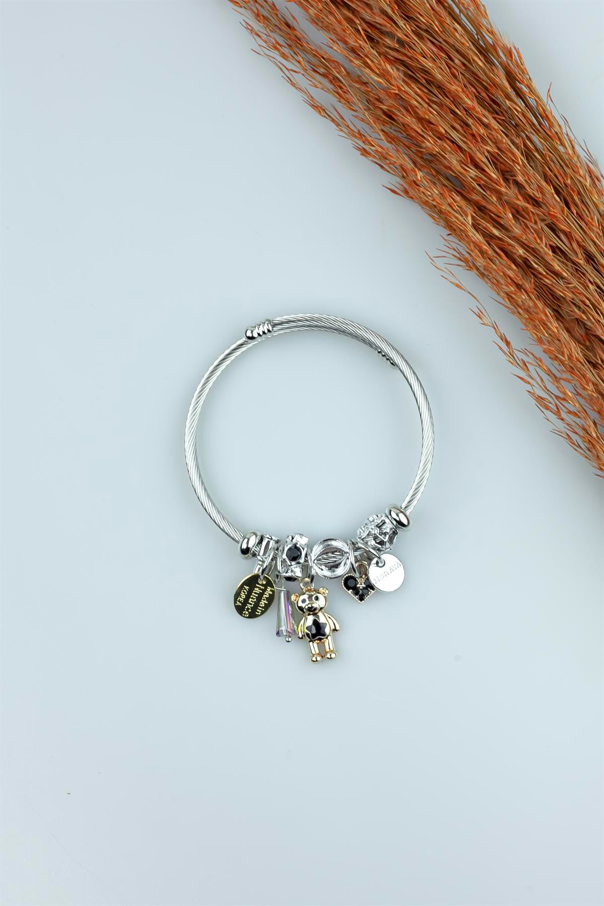 Kararmaz Çelik Pandora Model Bileklik Siyah Ayıcık Kalp Charm 5120