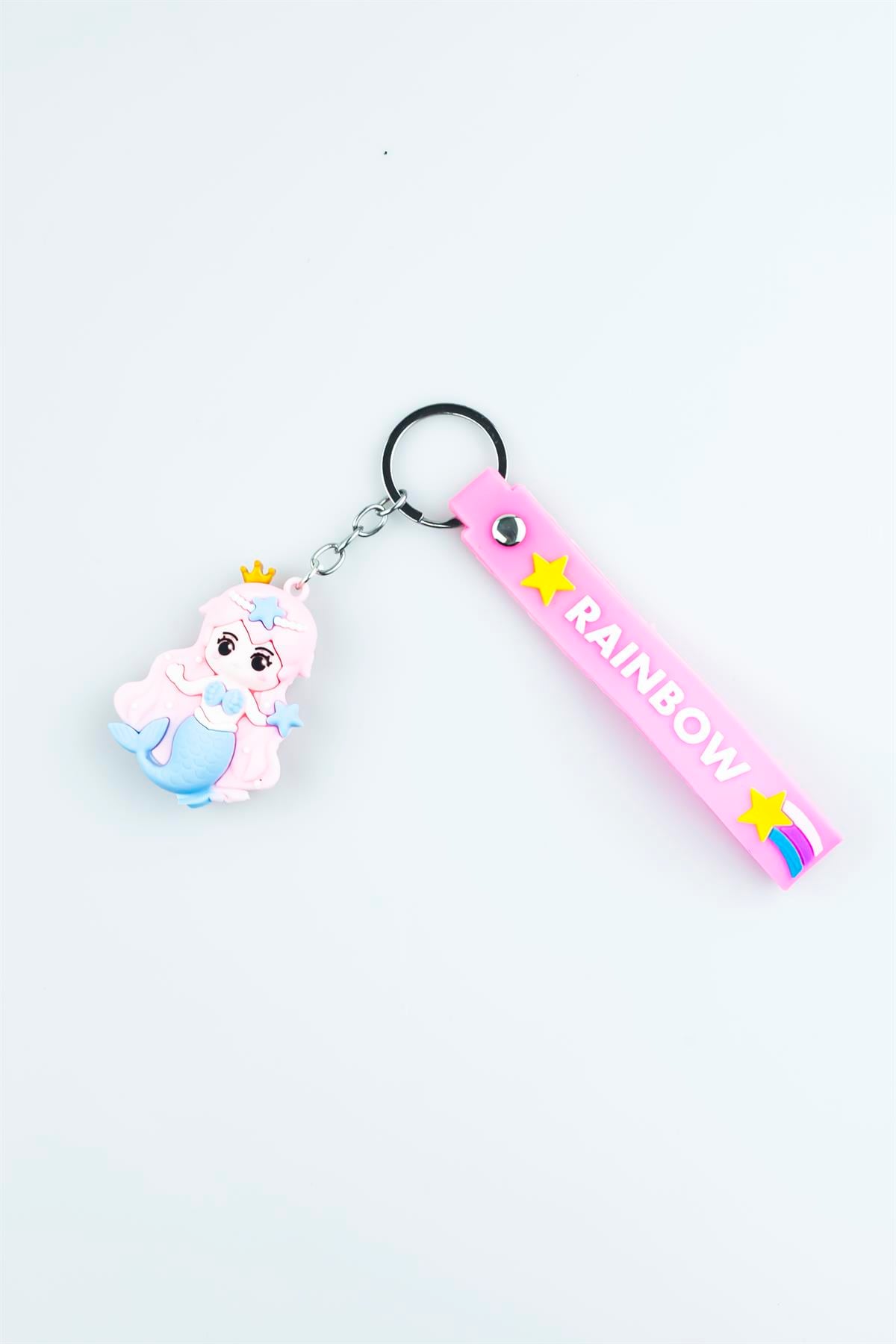 Pembe Rainbow Baskılı Prenses Figürlü Silikon Anahtarlık 4220