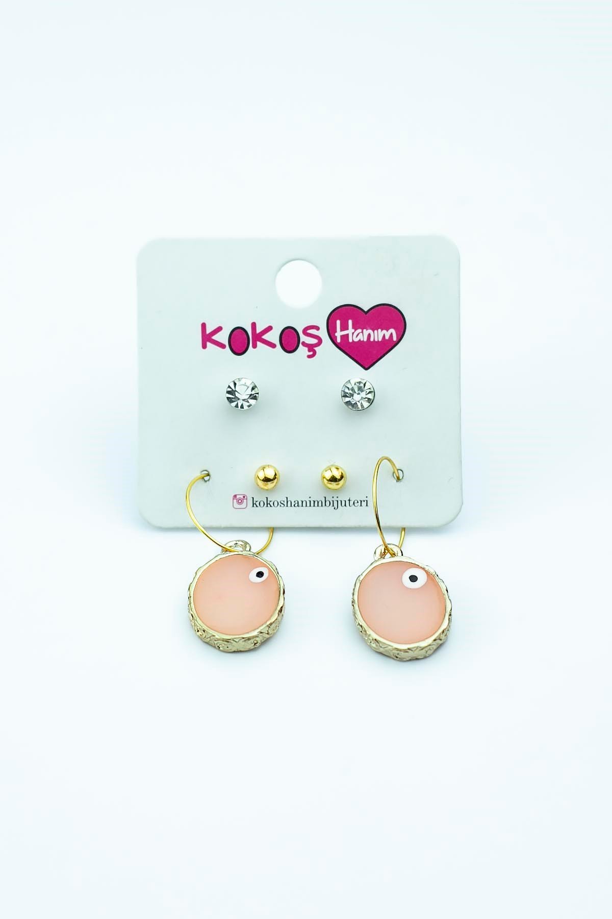 PEMBE TAŞLI MİNELİ ÇOKLU 6LI KADIN KÜPE SETİ
