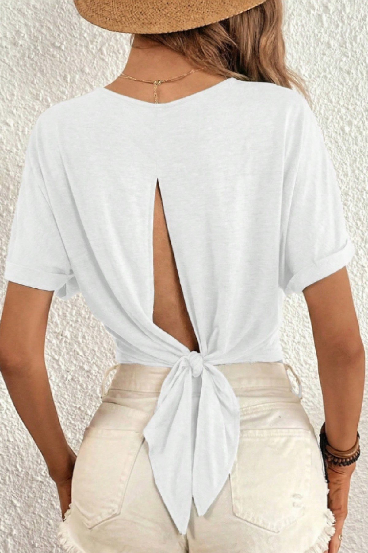 COOL TARZT-shirtBLZ-SS25-047-Siyah-SSırt Dekolteli Bağlama Detaylı Yazlık Kadın T-Shirt Bluz