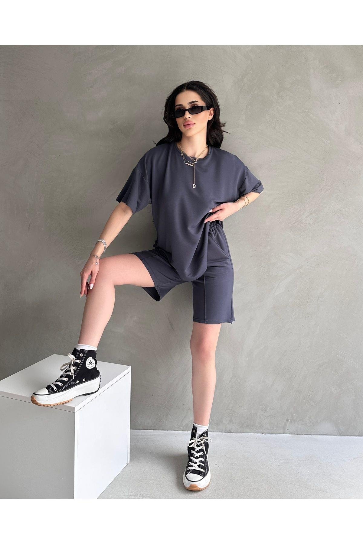 TARZ COOLAlt - Üst TakımŞORTLU3368Kadın Modal Kumaş Oversize Kısa Kollu Kadın Eşofman Takımı, Şortlu, Bağcıklı Yumuşak Kumaş