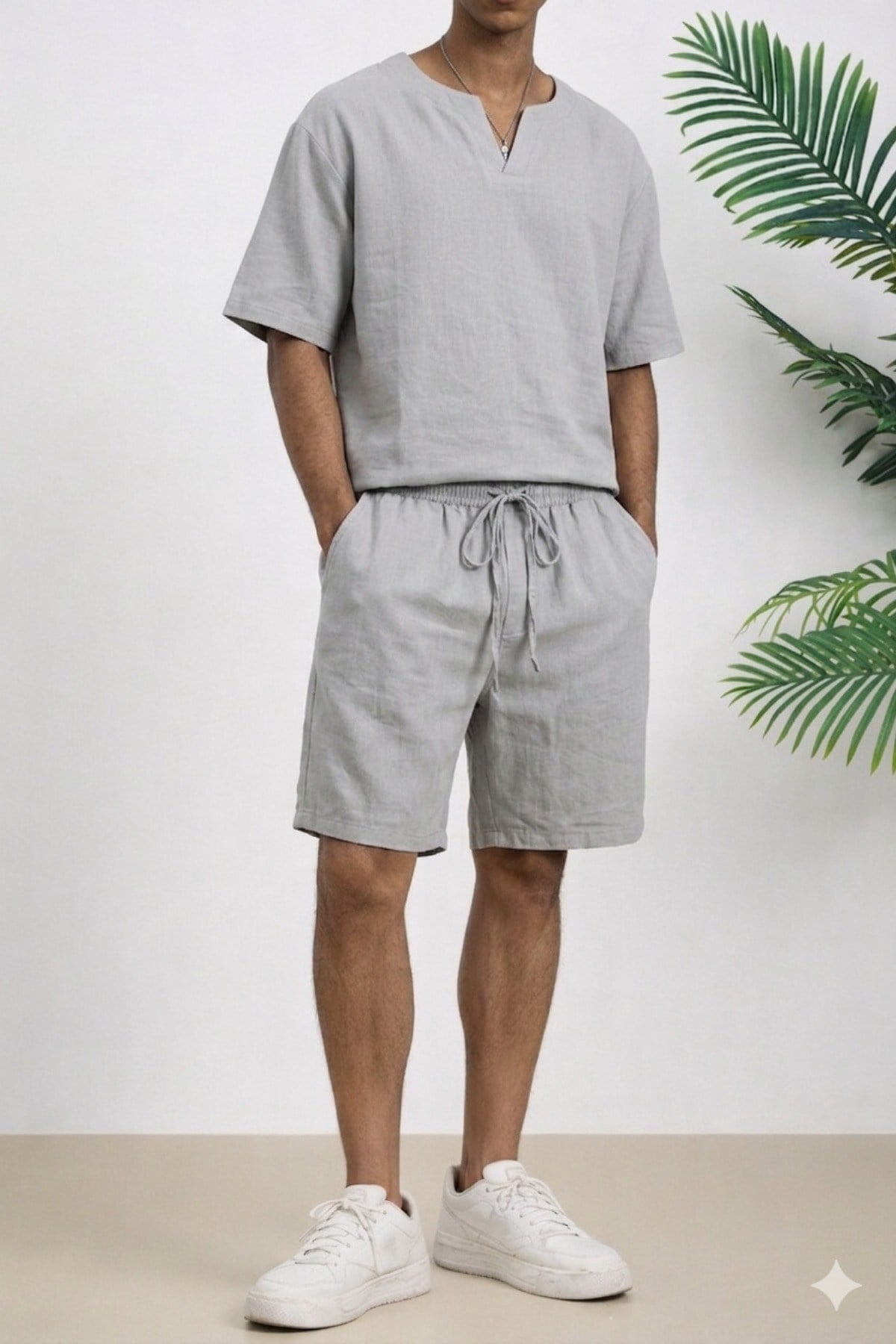 Tarz CoolAlt - Üst TakımTC-OVR-STR-001-Haki-LErkek Oversize Şort Takım V Yaka Yırtmaçlı Tişört Rahat Kesim Yazlık Takım