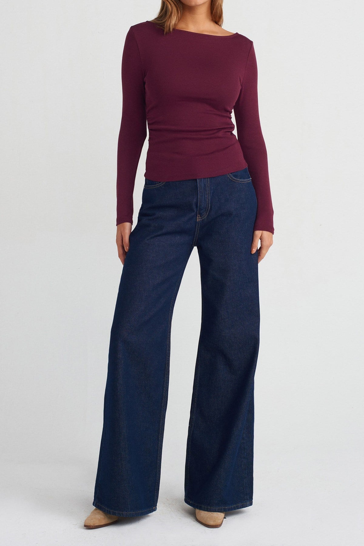 Tarz CoolBluzTCKDNBDY002-BRD-MKadın Geniş Yaka Uzun Kollu Esnek Pamuk Dokulu Fit Basic Bluz