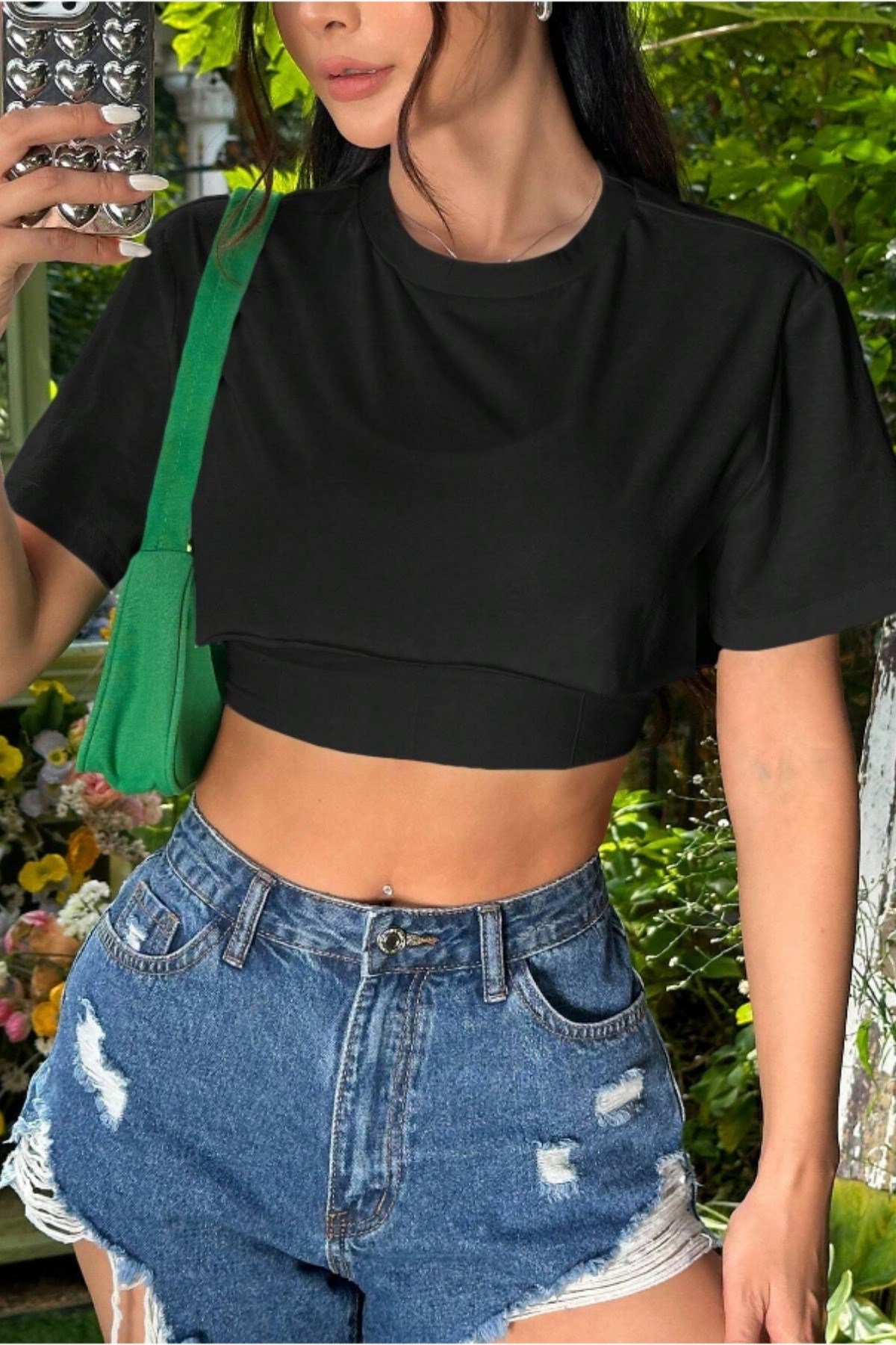 Tarz CoolCropBSCRPY025R02Kadın Bisiklet Yaka Oversize Crop T-Shirt
