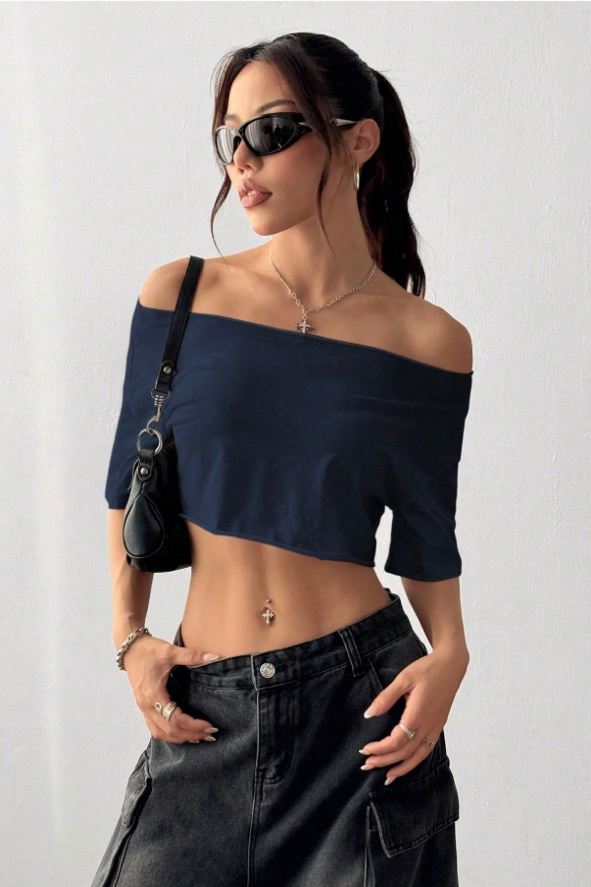 Tarz CoolCropCCRPKDKY025-ANTR-L/XLKadın Kayık Yaka Oversize Crop T-Shirt