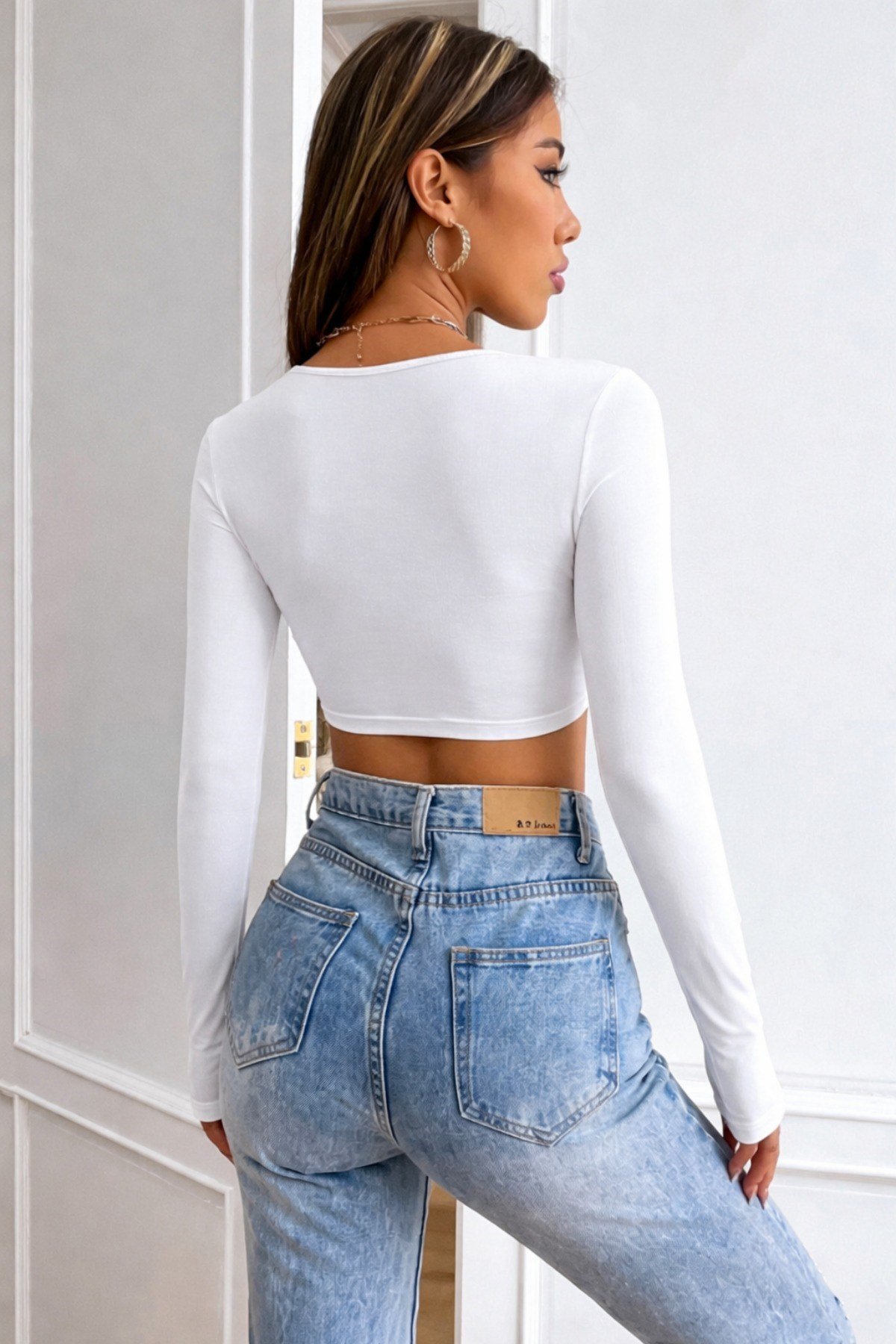Tarz CoolCropCOOL-WRP-101-BY-XLKadın Crop Bluz Uzun Kollu V Yaka Fit Basic Şık Üst