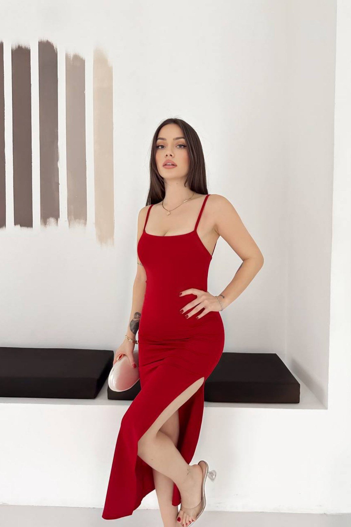 Tarz CoolElbiseTC-ELB-01-Kahverengi-LKadın Askılı Uzun Elbise Slim Fit Vücuda Oturan Yırtmaçlı