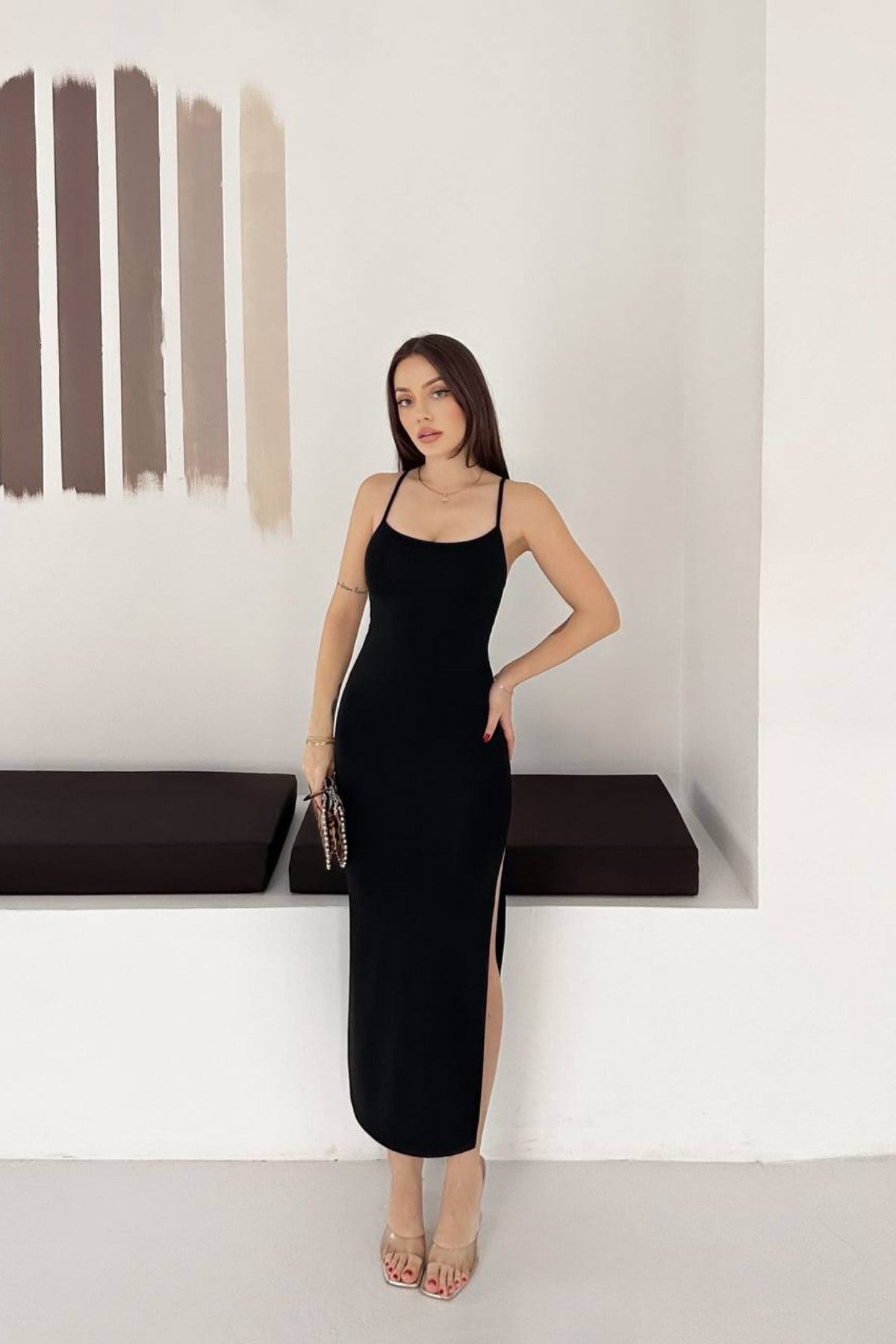 Tarz CoolElbiseTC-ELB-01-Kahverengi-LKadın Askılı Uzun Elbise Slim Fit Vücuda Oturan Yırtmaçlı