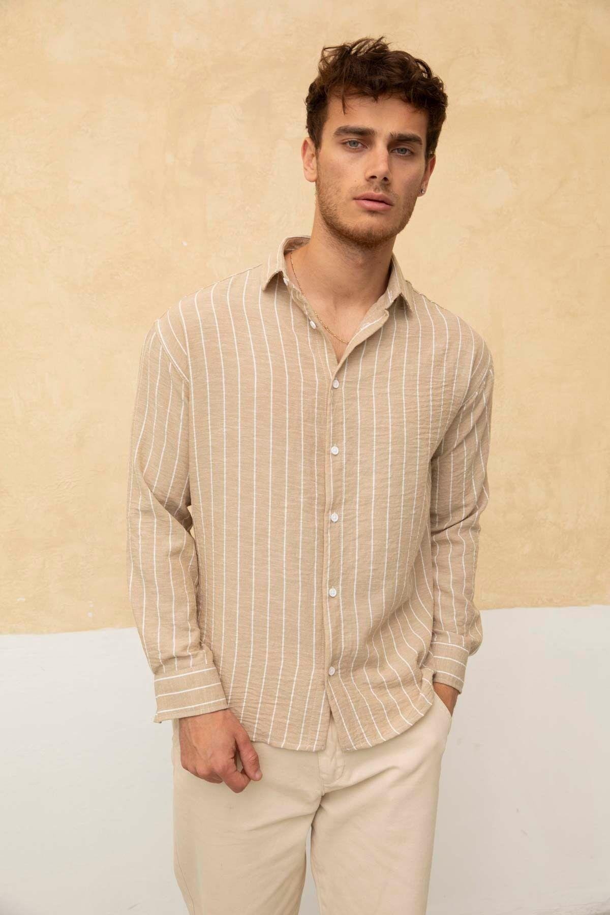 TARZ COOLGömlekCZYGMLK01Erkek  Krem Relax Fit Çizgi Detay Gömlek