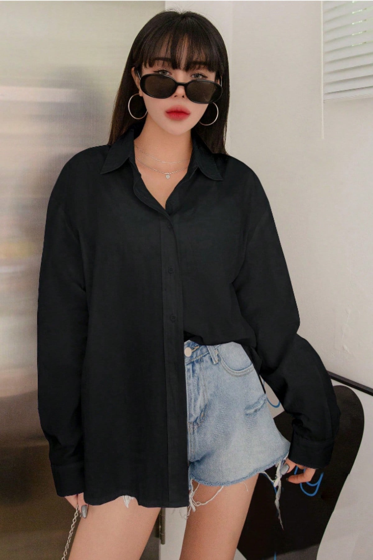 Tarz CoolGömlekKDNKTGM025R01Oversize Basic Uzun Kollu Gömlek Siyah