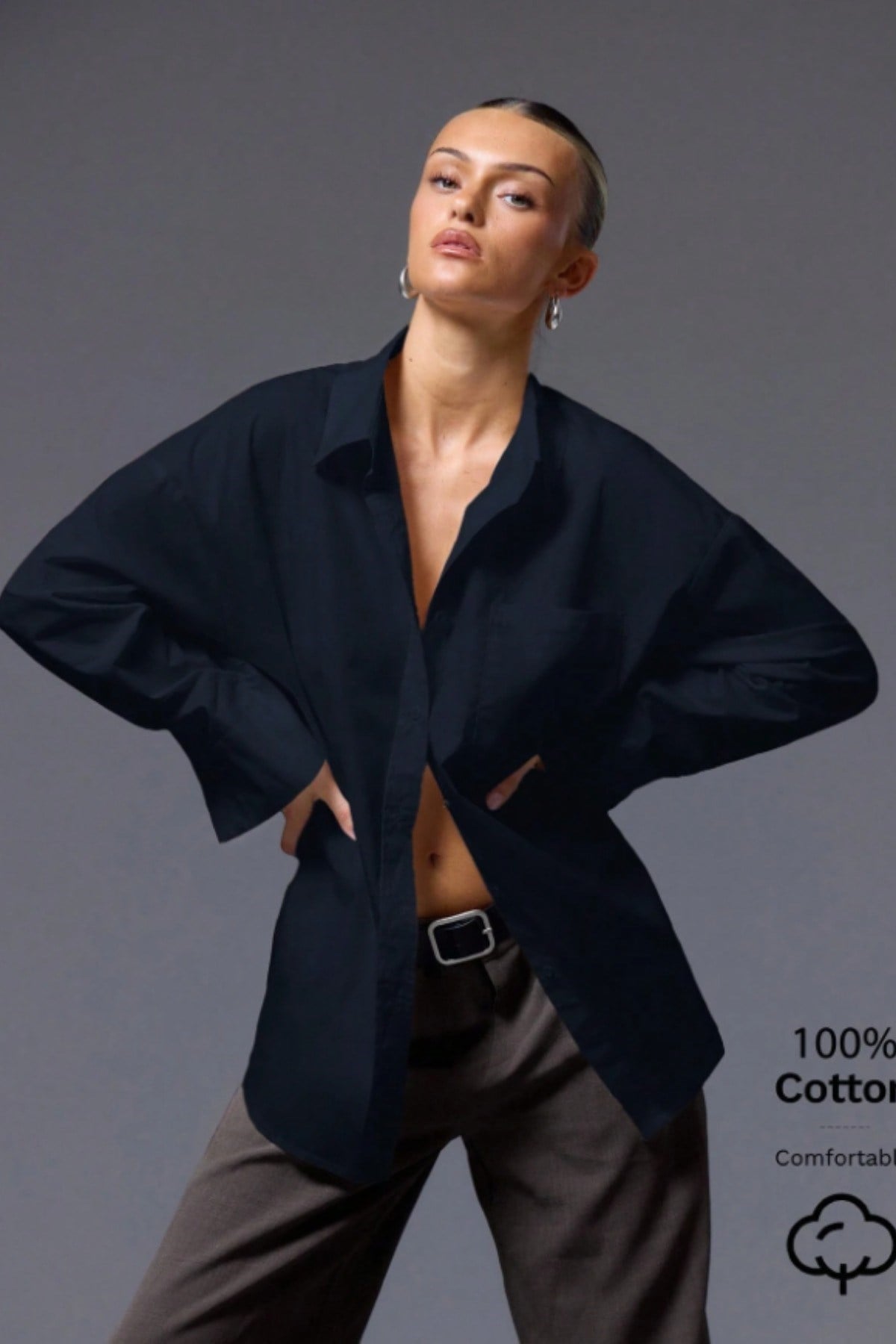 Tarz CoolGömlekKGM-OVR-002-Siyah-LKadın Oversize Gömlek Uzun Kollu Basic Salaş Kesim Poplin Trend Şık Günlük Gömlek