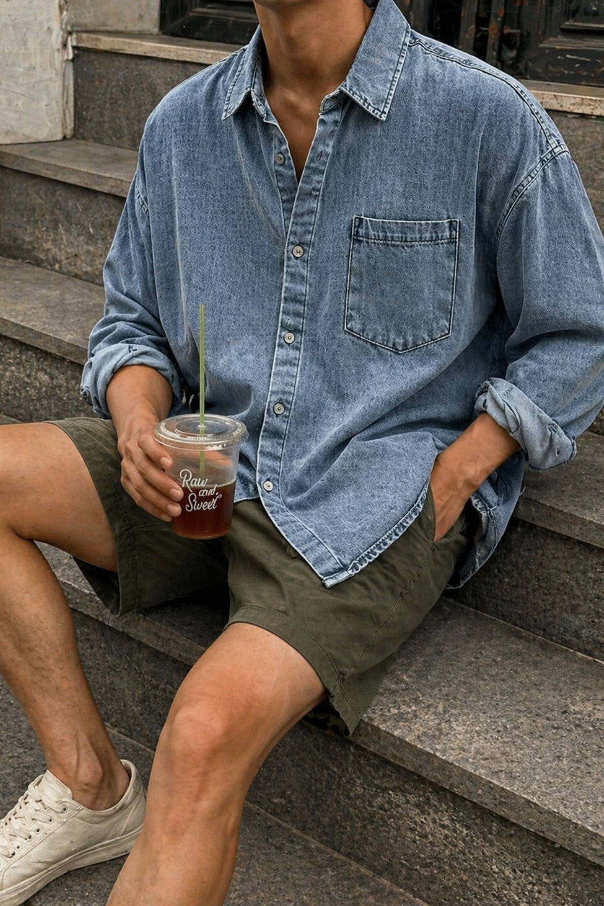Tarz CoolGömlekSRS-KTCKT-026-Gri-MErkek Oversize Denim Gömlek – Yıkamalı Kot Gömlek Tek Cep Rahat Kalıp