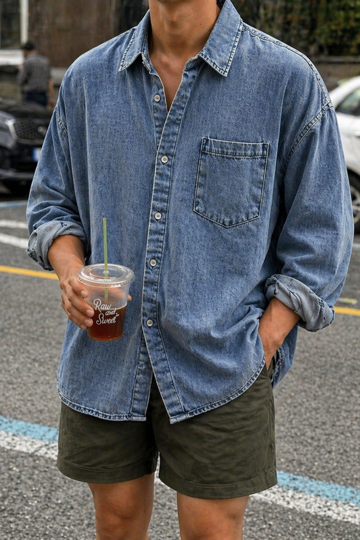 Tarz CoolGömlekSRS-KTCKT-026-Gri-MErkek Oversize Denim Gömlek – Yıkamalı Kot Gömlek Tek Cep Rahat Kalıp