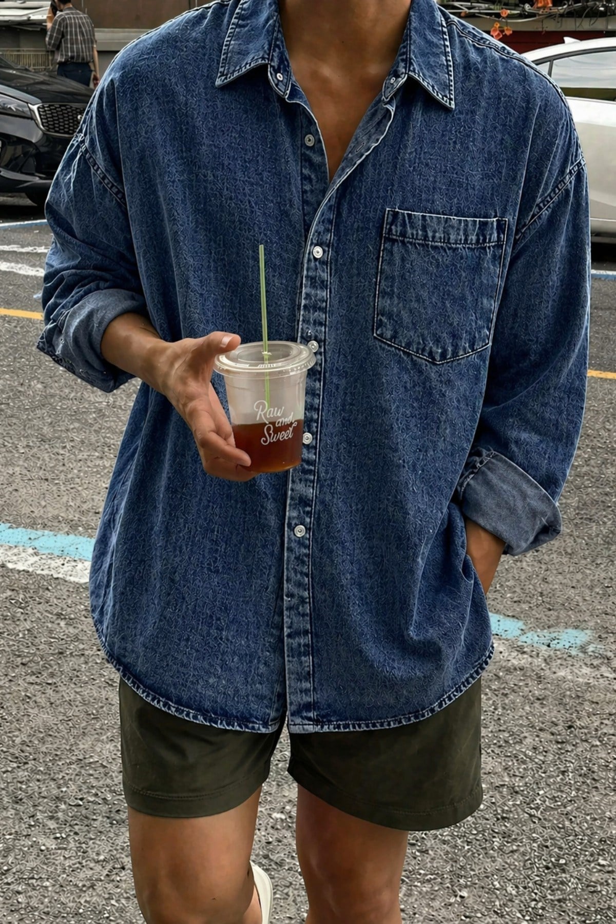 Tarz CoolGömlekSRS-KTCKT-026-Gri-MErkek Oversize Denim Gömlek – Yıkamalı Kot Gömlek Tek Cep Rahat Kalıp