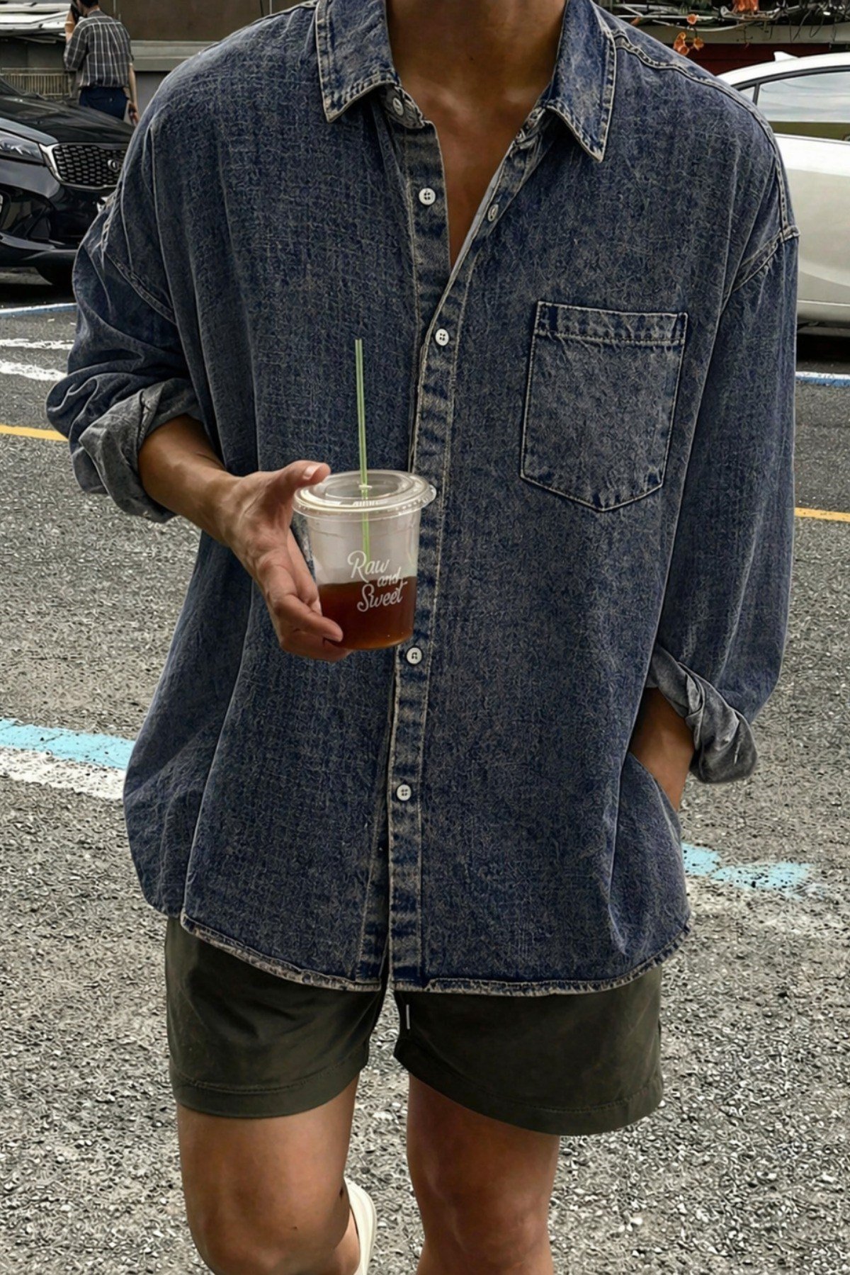 Tarz CoolGömlekSRS-KTCKT-026-Gri-MErkek Oversize Denim Gömlek – Yıkamalı Kot Gömlek Tek Cep Rahat Kalıp