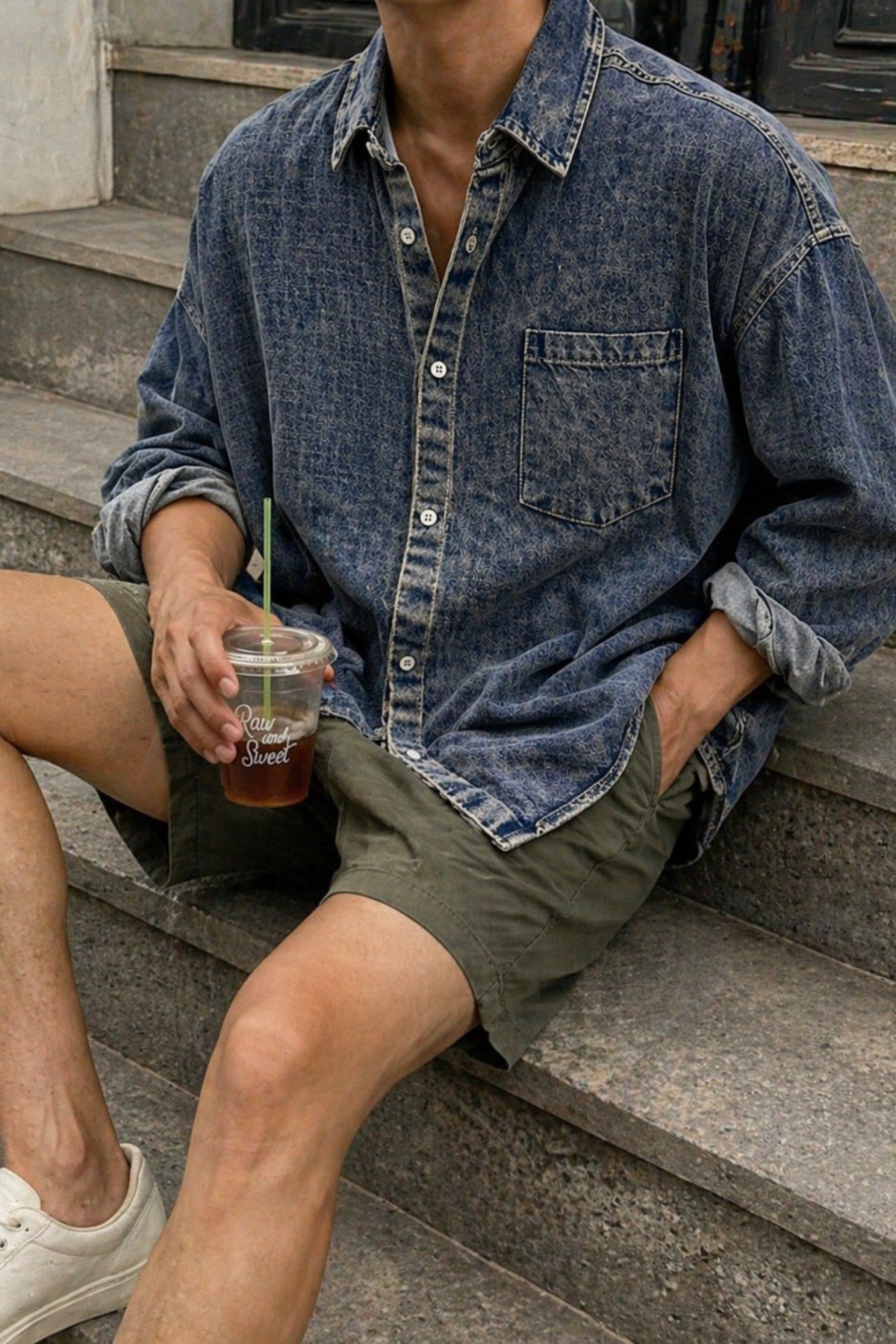 Tarz CoolGömlekSRS-KTCKT-026-Gri-MErkek Oversize Denim Gömlek – Yıkamalı Kot Gömlek Tek Cep Rahat Kalıp