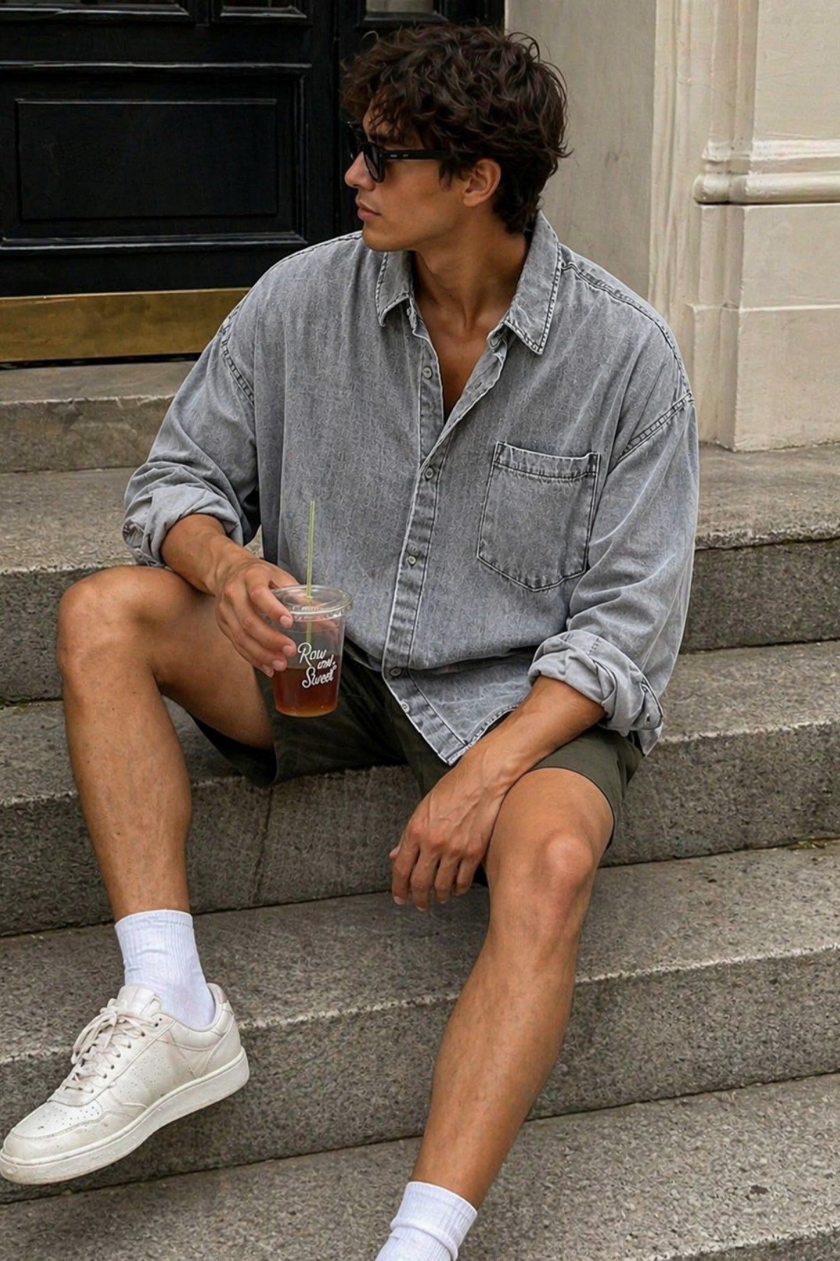 Tarz CoolGömlekSRS-KTCKT-026-Gri-MErkek Oversize Denim Gömlek – Yıkamalı Kot Gömlek Tek Cep Rahat Kalıp