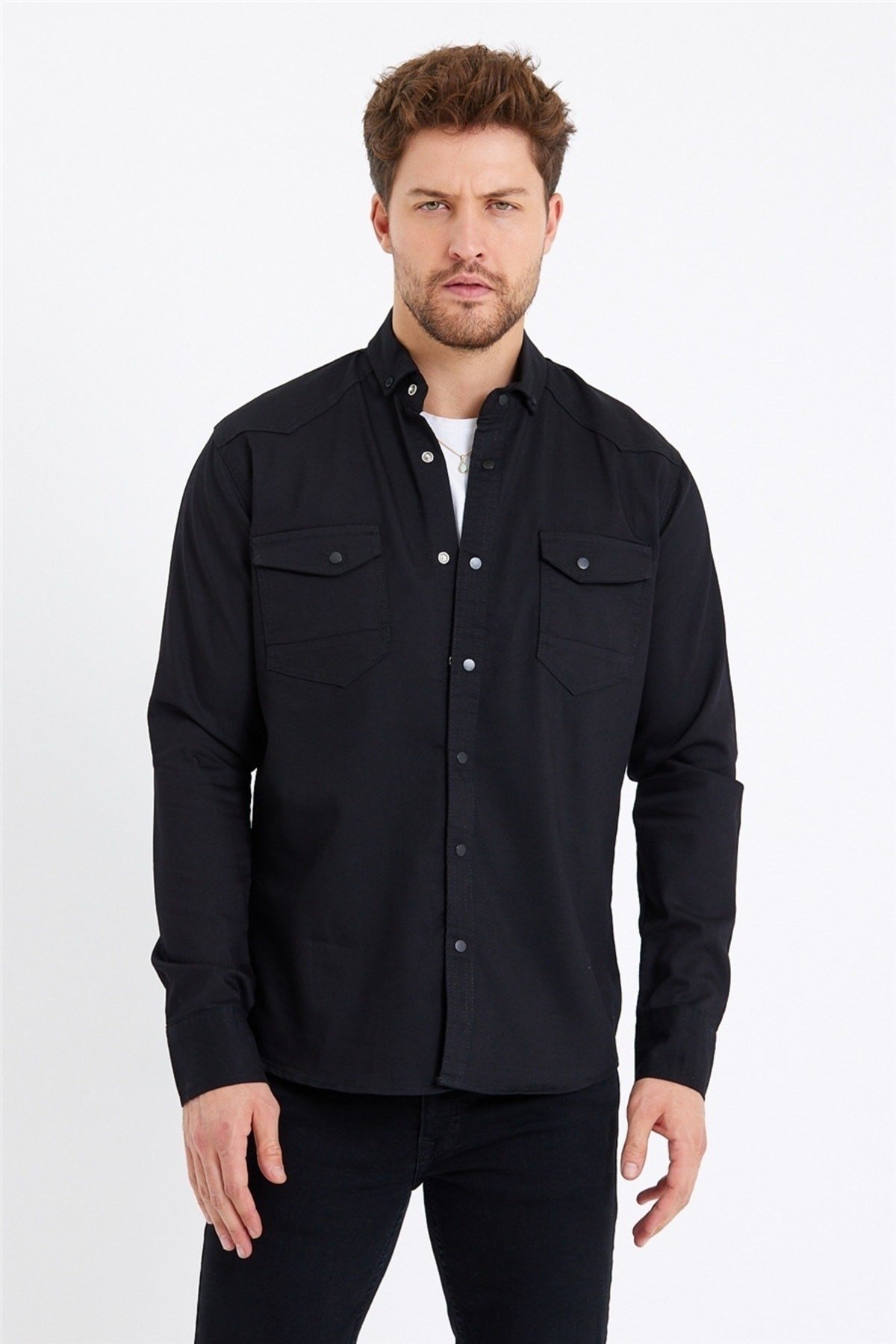 Tarz CoolGömlekTCKTGMLK-M7-R9Erkek Çift Cepli Çıt Çıt Düğmeli Slim Fit Kot Gömlek