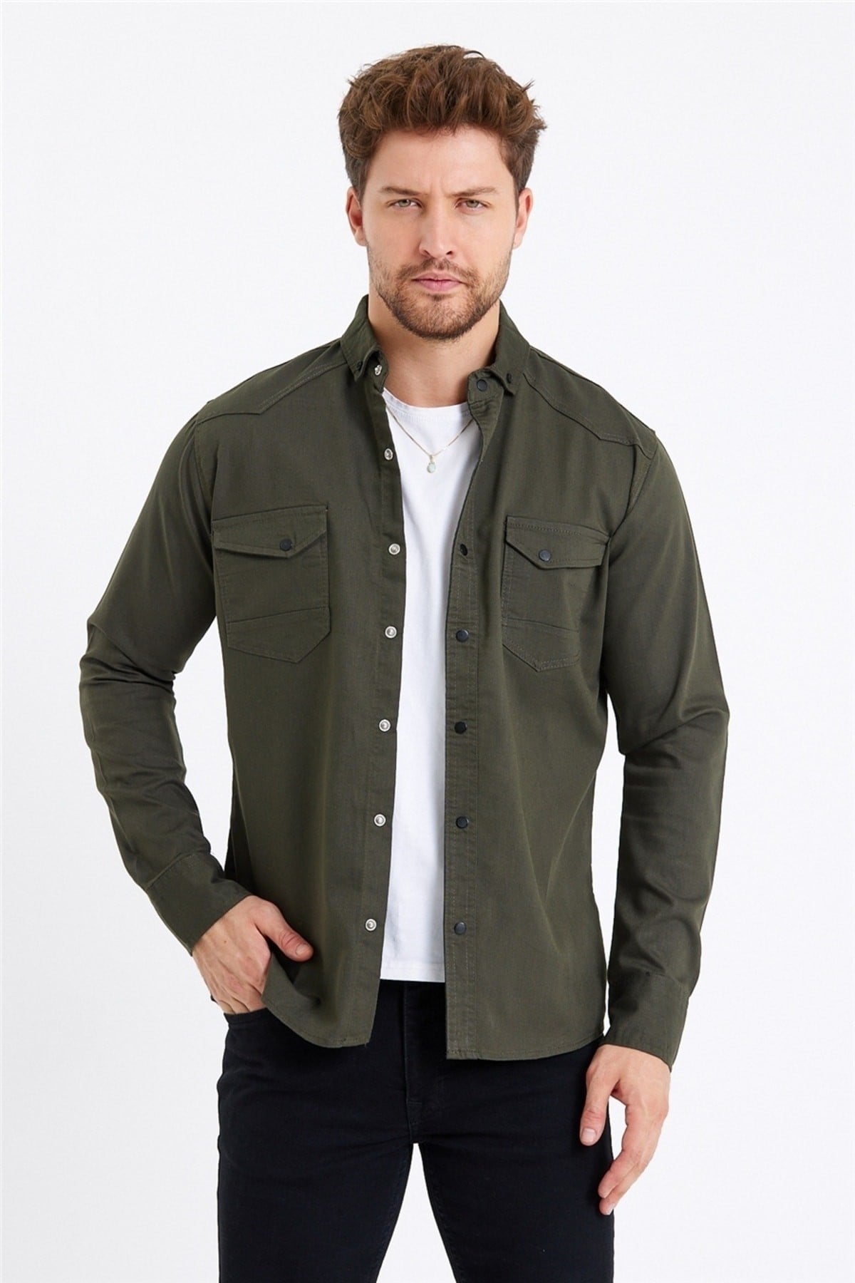 Tarz CoolGömlekTCKTGMLK-M7-R9Erkek Çift Cepli Çıt Çıt Düğmeli Slim Fit Kot Gömlek