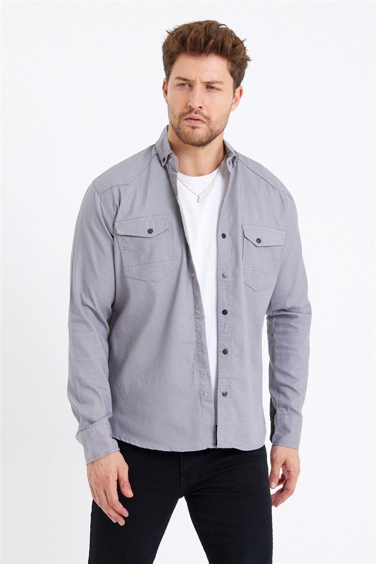 TARZ COOLGömlekTCKTGMLKErkek Mavi Çift Cepli Çıt Çıt Düğmeli Slim Fit Kot Gömlek-tcktgmlkr02s