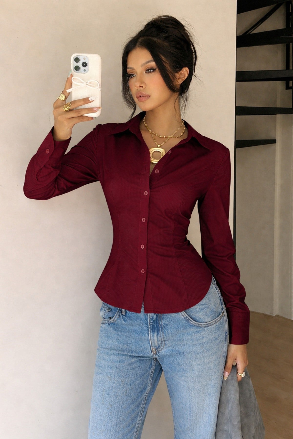 Tarz CoolGömlekTRZ-KDNGMLKDR-001-M4-R159Kadın Premium Gömlek Slim Fit Uzun Kollu Şık Ofis Günlük Kombin Basic Klasik Gömlek