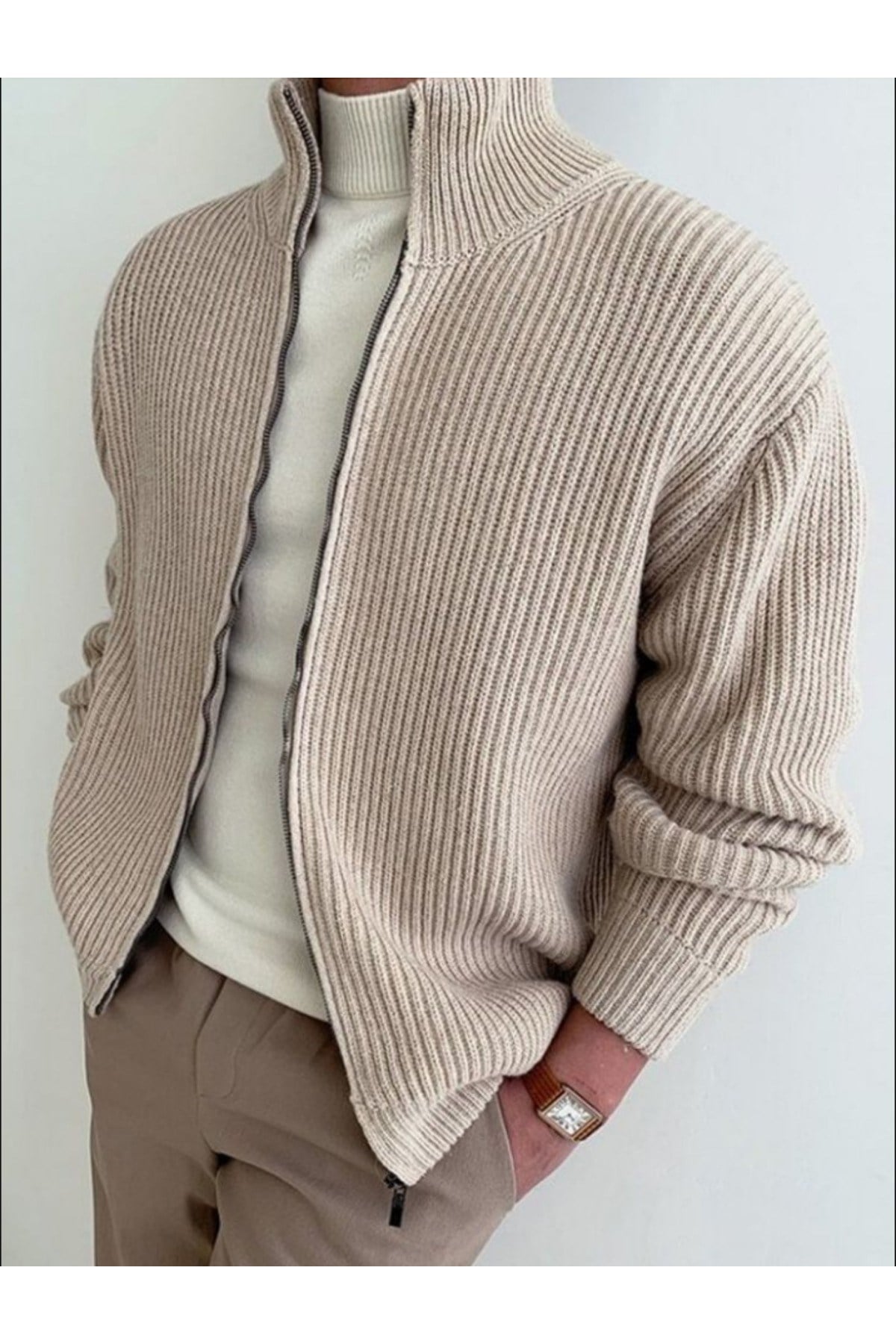 Tarz CoolHırkaHRK19197R10Erkek Dik Yaka Fermuarlı Slim Fit Triko Hırka