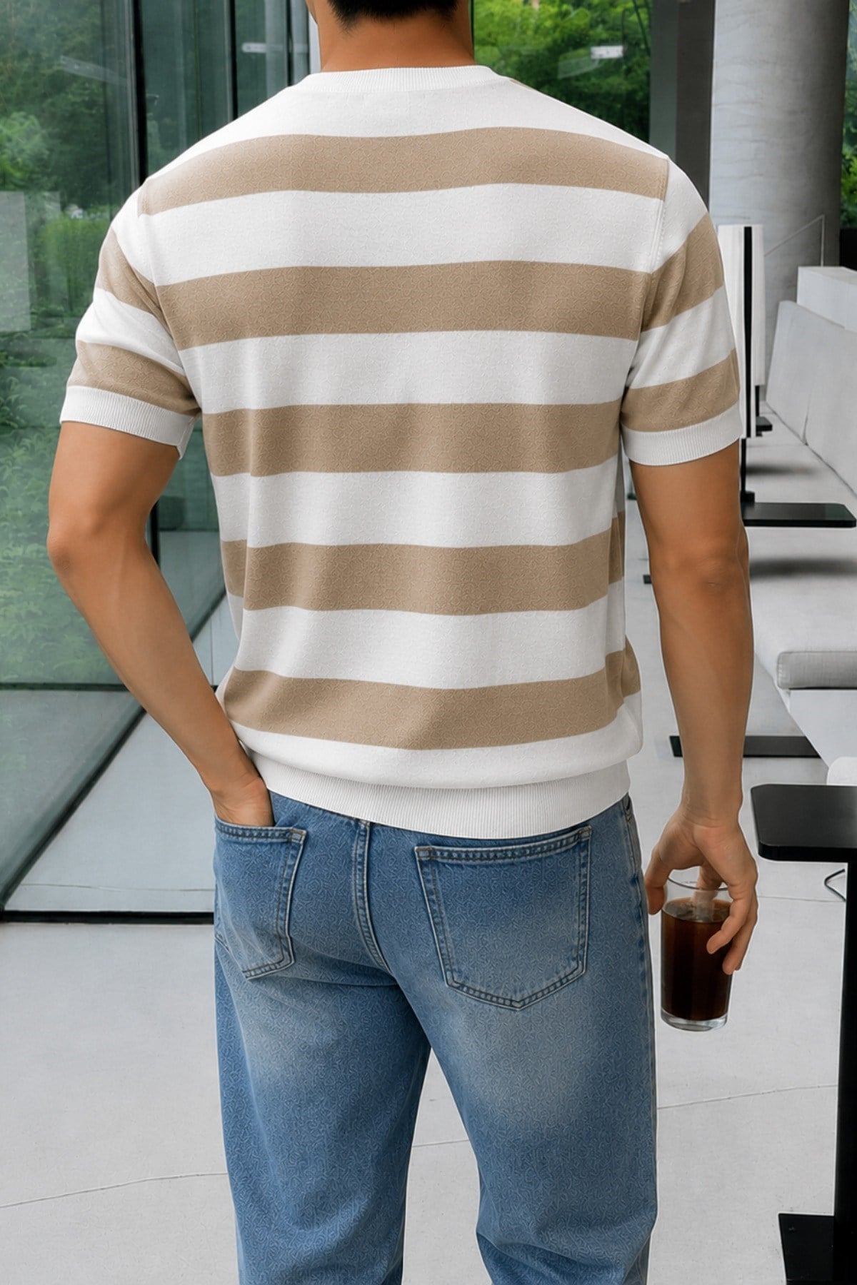 Tarz CoolT-shirtTC-CZTRKES-026-Gri-MErkek Çizgili Triko Tişört Bisiklet Yaka Slim Fit Yazlık İnce Dokulu