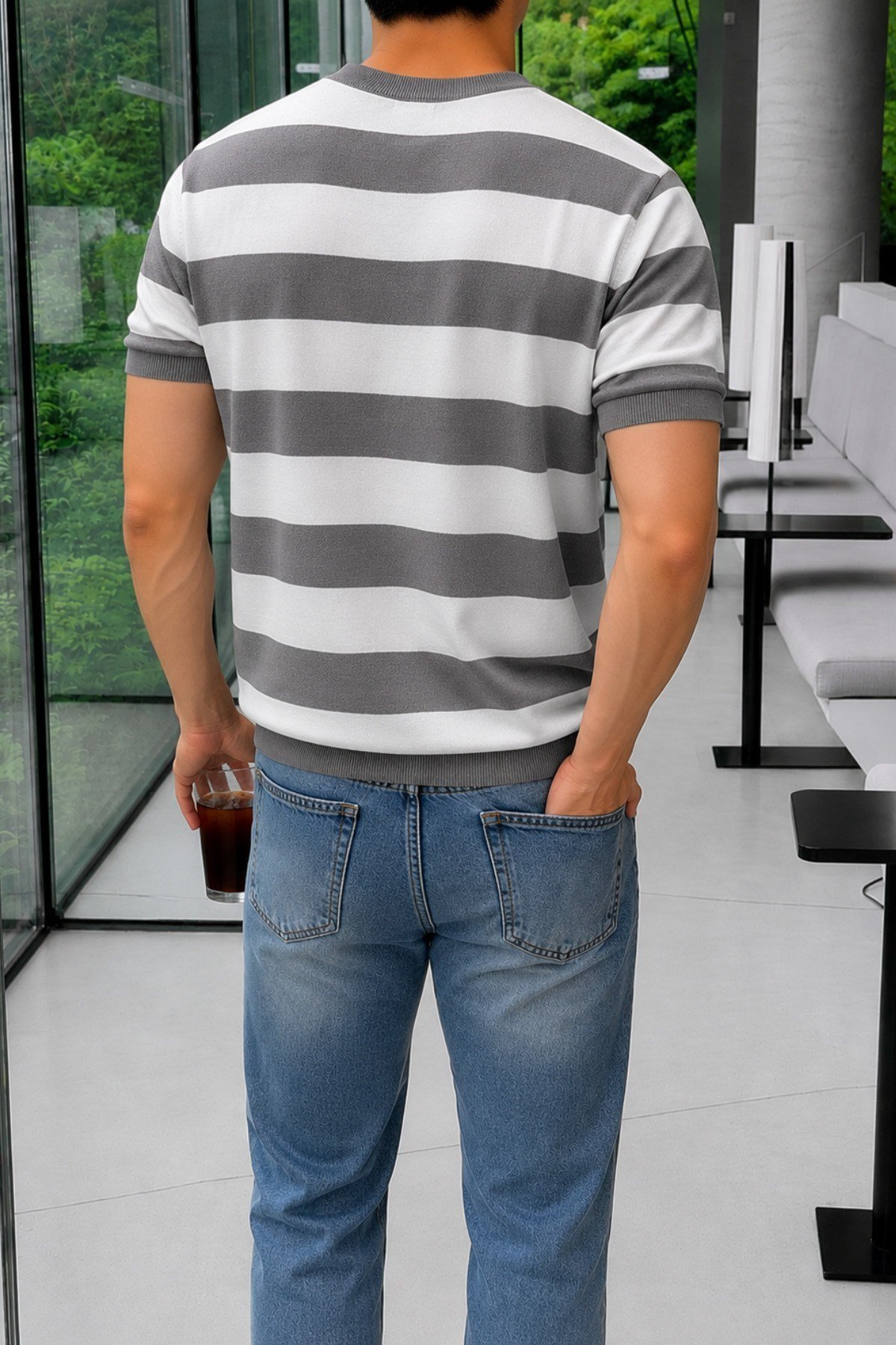 Tarz CoolT-shirtTC-CZTRKES-026-Gri-MErkek Çizgili Triko Tişört Bisiklet Yaka Slim Fit Yazlık İnce Dokulu
