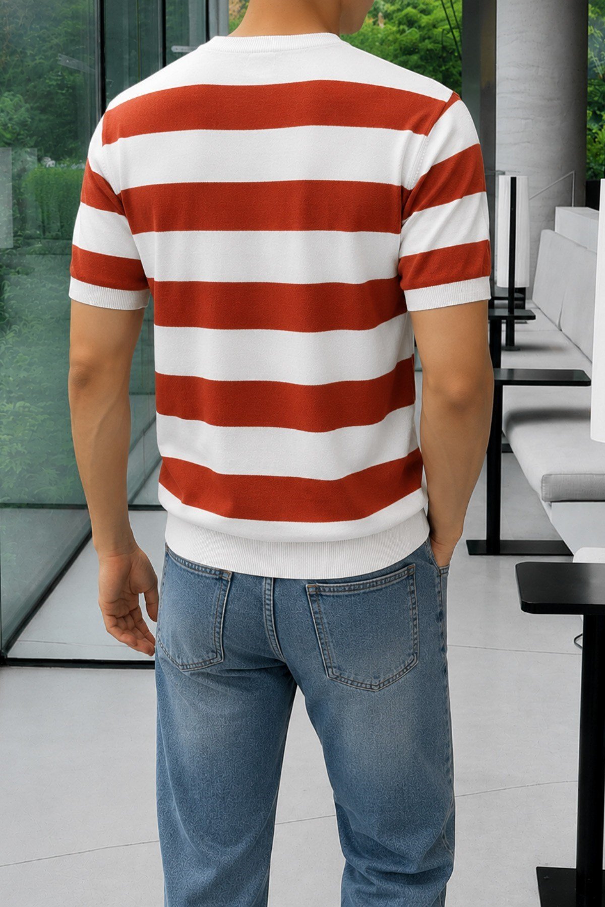 Tarz CoolT-shirtTC-CZTRKES-026-Gri-MErkek Çizgili Triko Tişört Bisiklet Yaka Slim Fit Yazlık İnce Dokulu