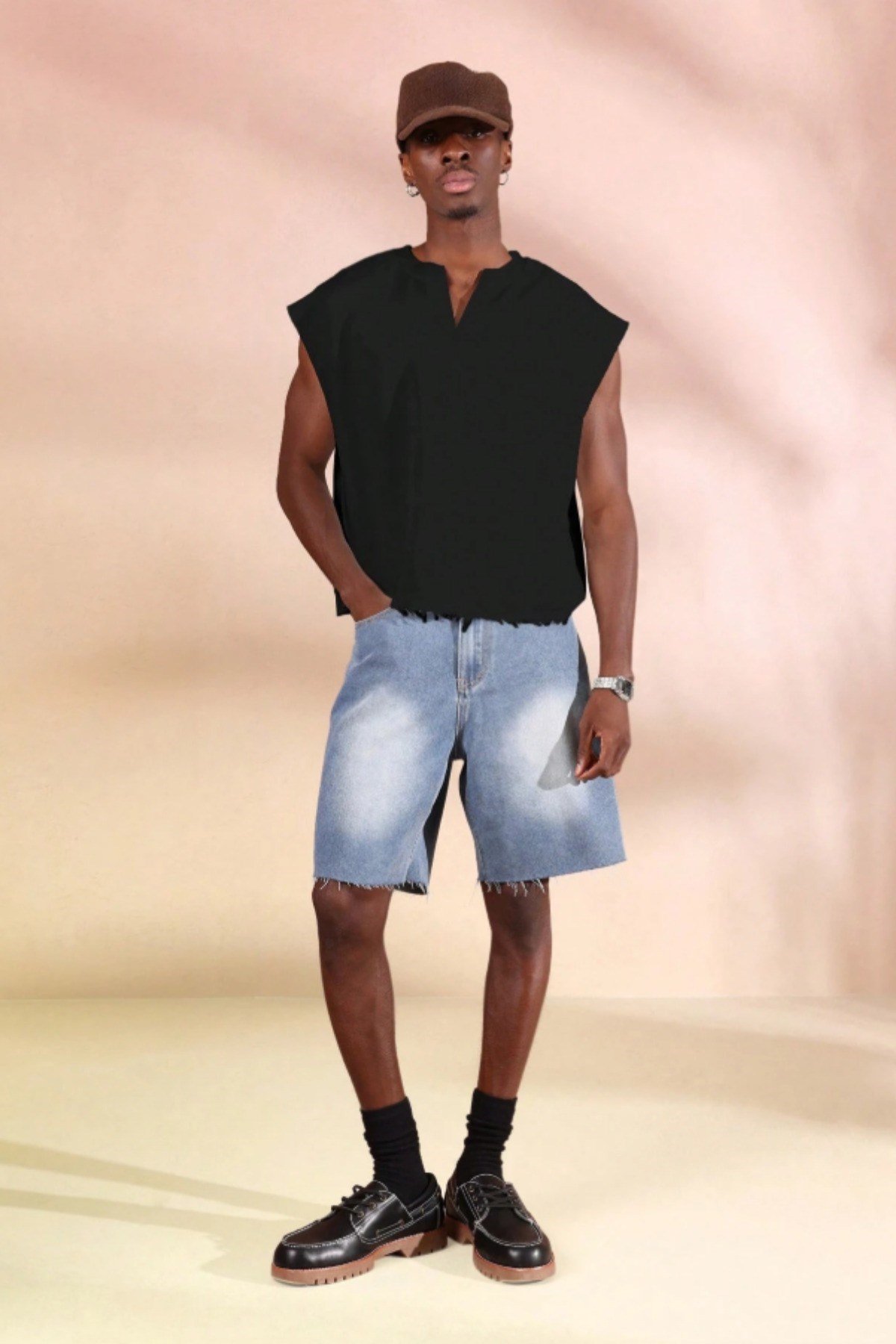 Tarz CoolT-shirtTC-KSS-2603-Siyah-LErkek Oversize Kolsuz Sweatshirt V Yaka Streetwear T-Shirt