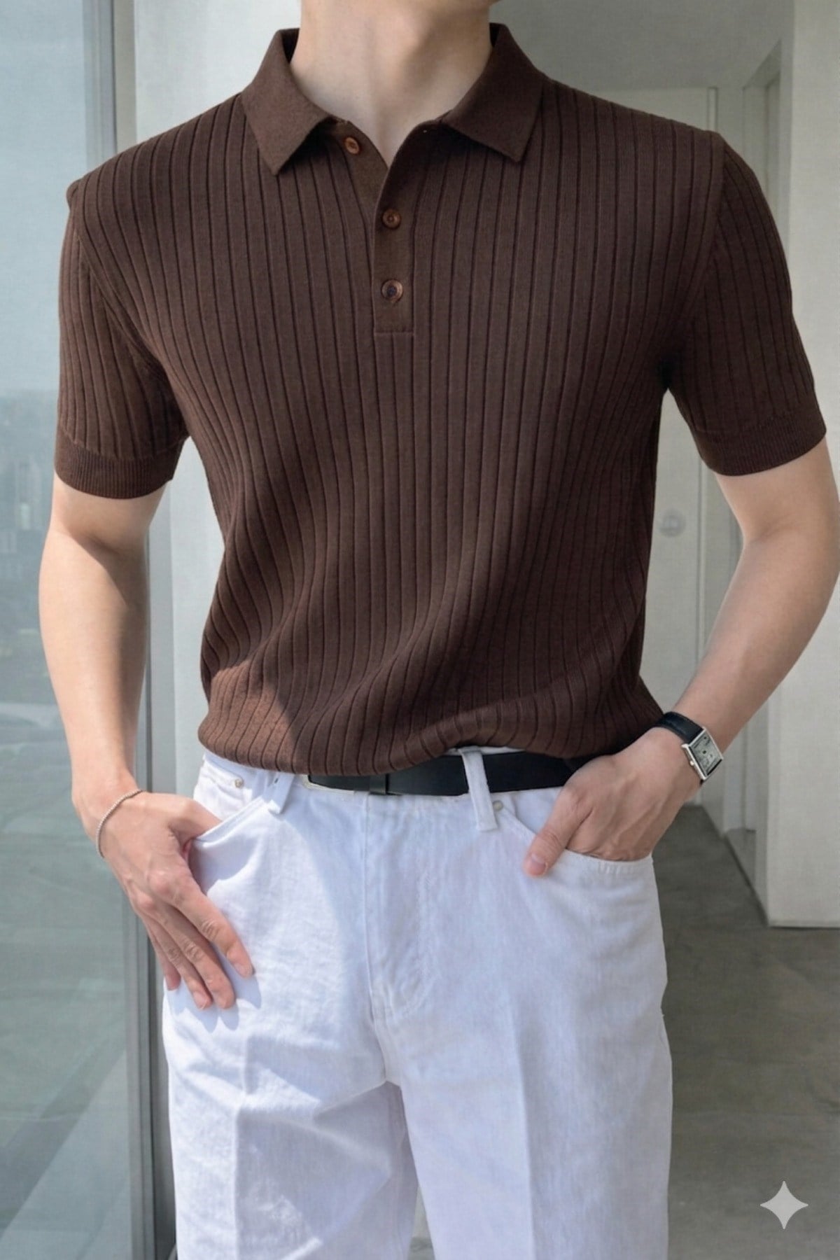 Tarz CoolT-shirtTRZ19070-KH-SErkek Düğmeli Fitilli Triko Polo Tişört Slim Fit
