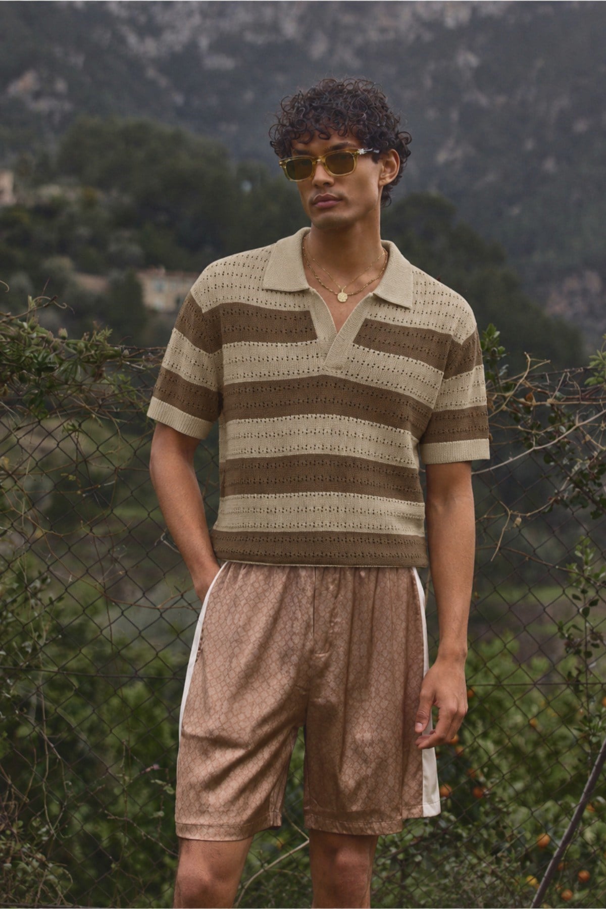Tarz CoolT-shirtZ-2026-Kahverengi-SErkek Oversize Kalın Örgü Polo Yaka Triko Fileli Tişört Çizgili Vintage Yazlık Rahat Fit