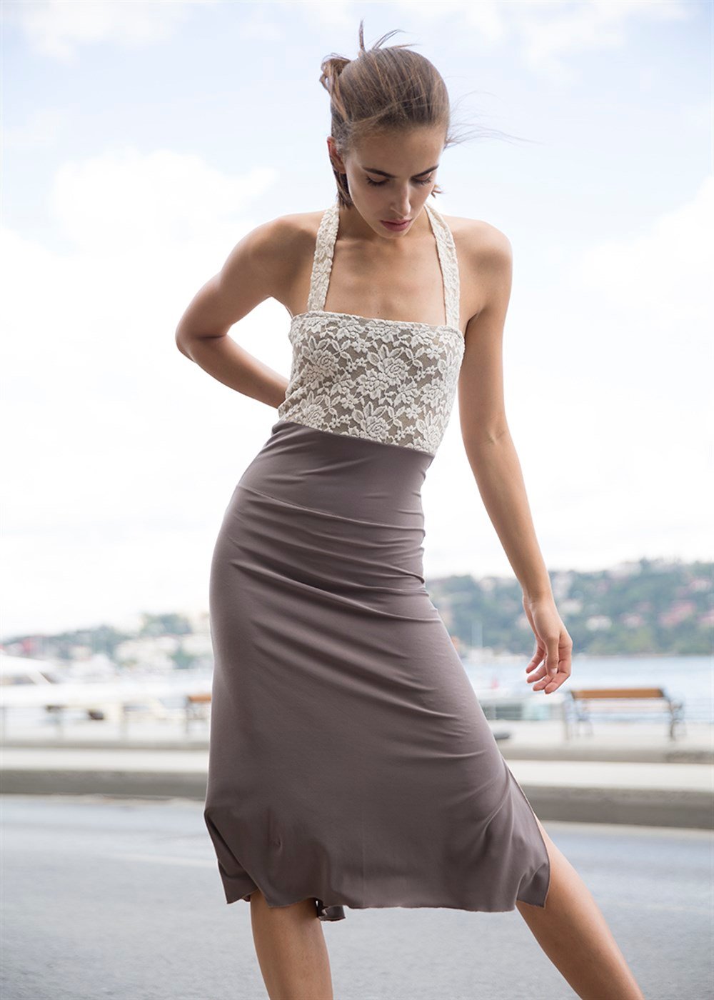 Beyaz Dantel ve Koton Likra Tango Elbisesi