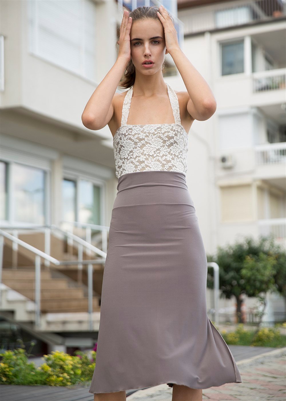 Beyaz Dantel ve Koton Likra Tango Elbisesi